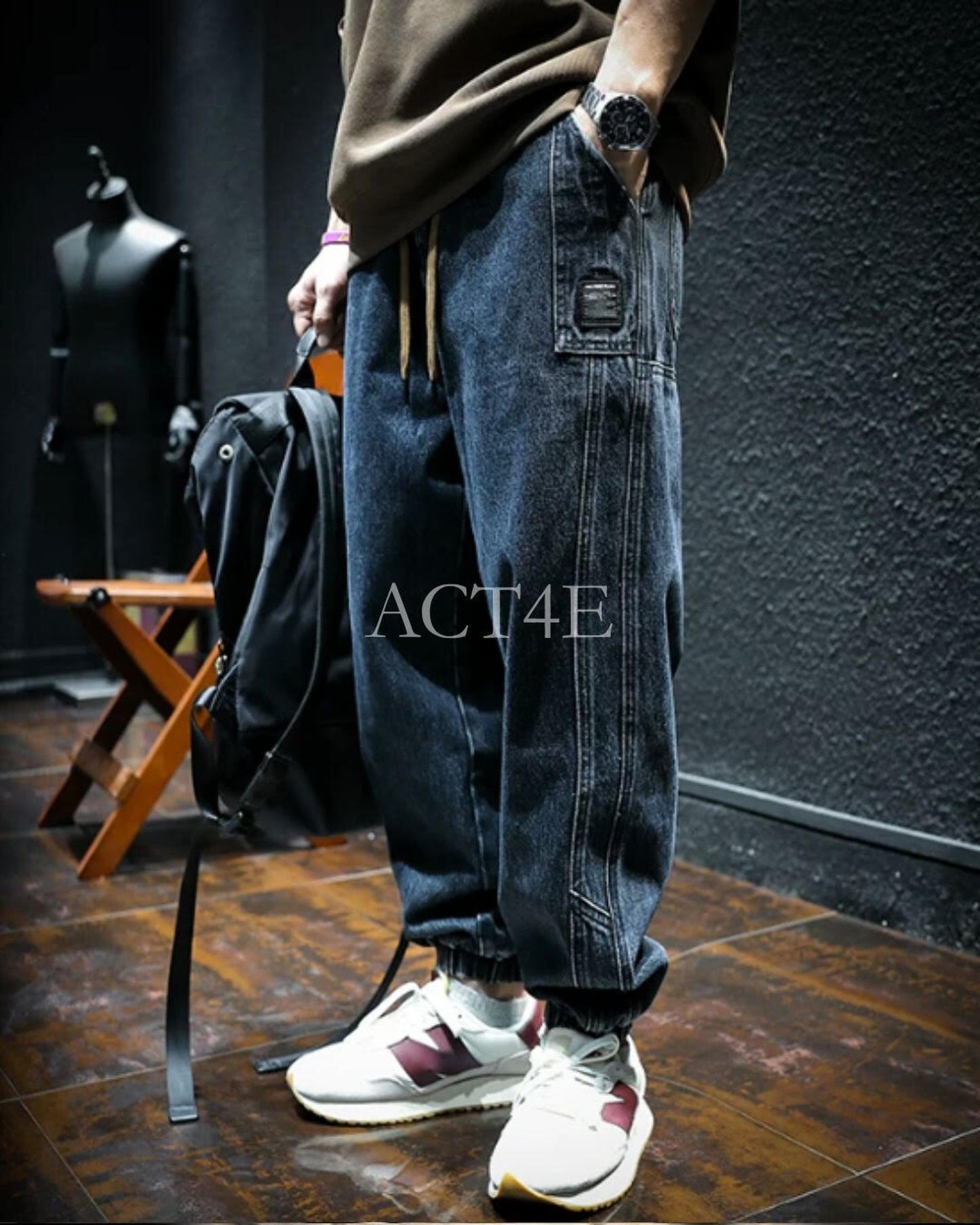 drawstring patch pocket tapered denim pants 【ACT0021】