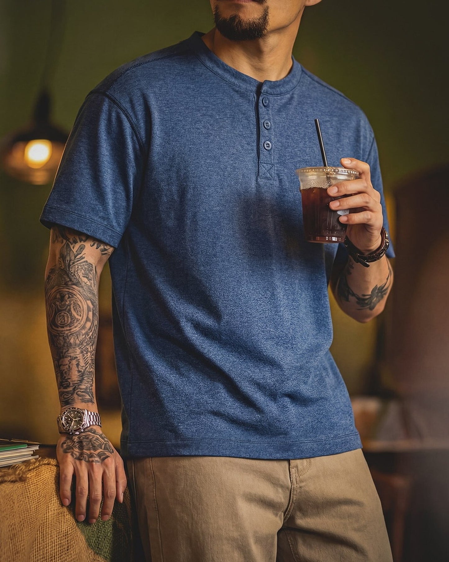 Short-Sleeve Cotton Henley-Neck Loose Casual T-Shirt 2color 【ACT0125】
