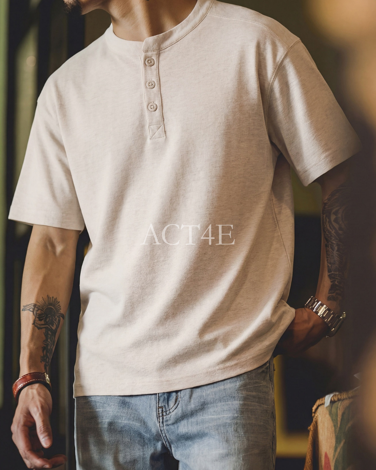 Henley-Neck Slub-Cotton Loose-Casual Short-Sleeve T-Shirt 2color 【ACT0126】