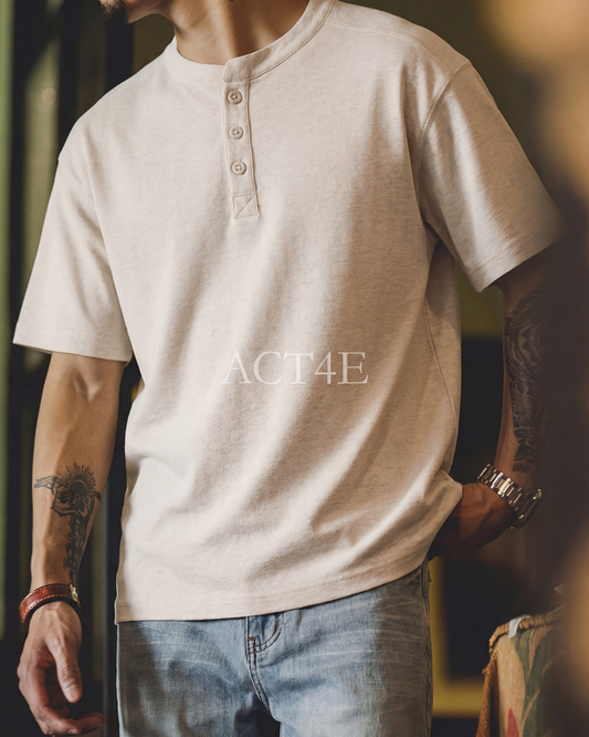 Henley-Neck Slub-Cotton Loose-Casual Short-Sleeve T-Shirt 2color 【ACT0126】