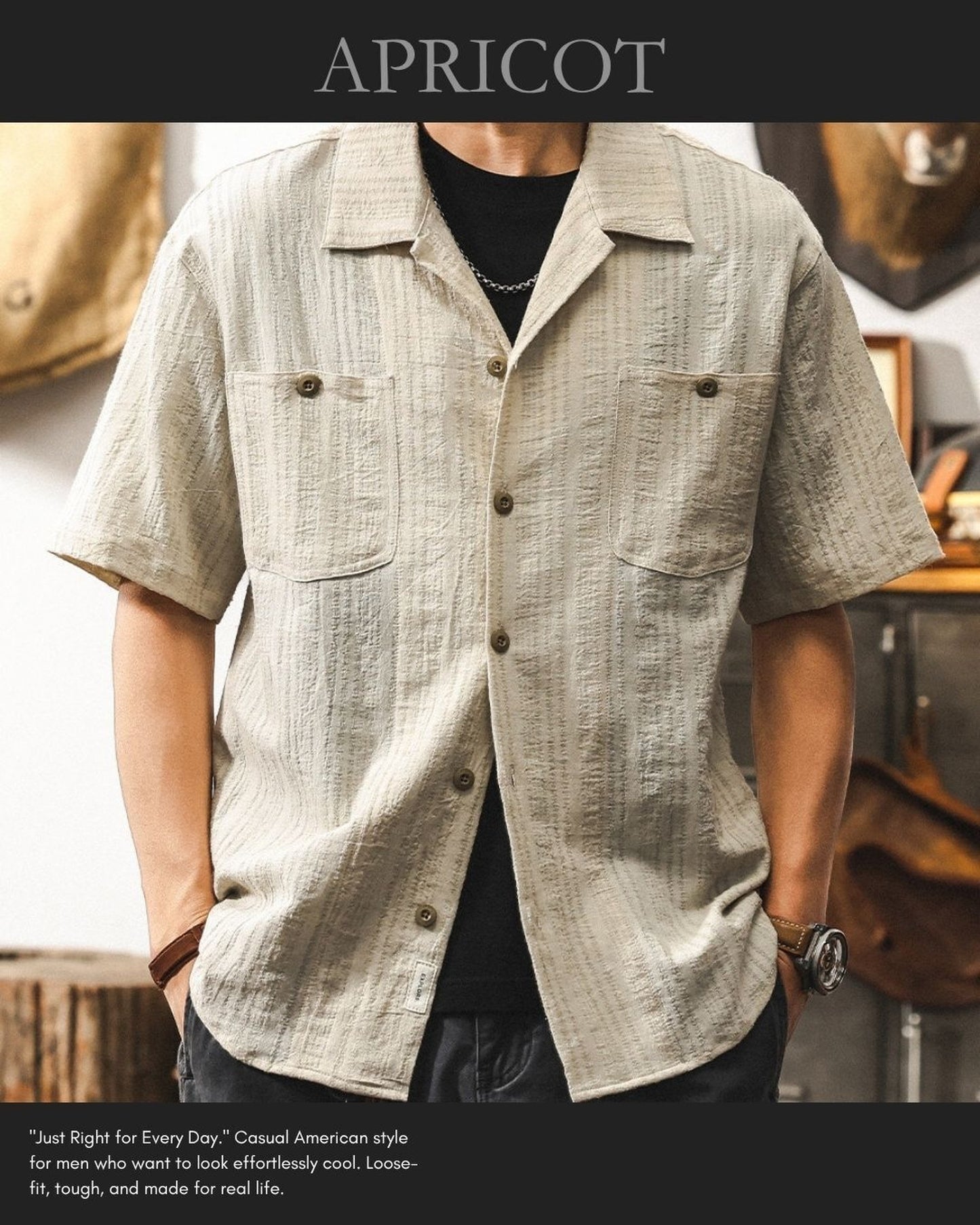 cuban collar linen loose short sleeve shirt 3color 【ACT0231】