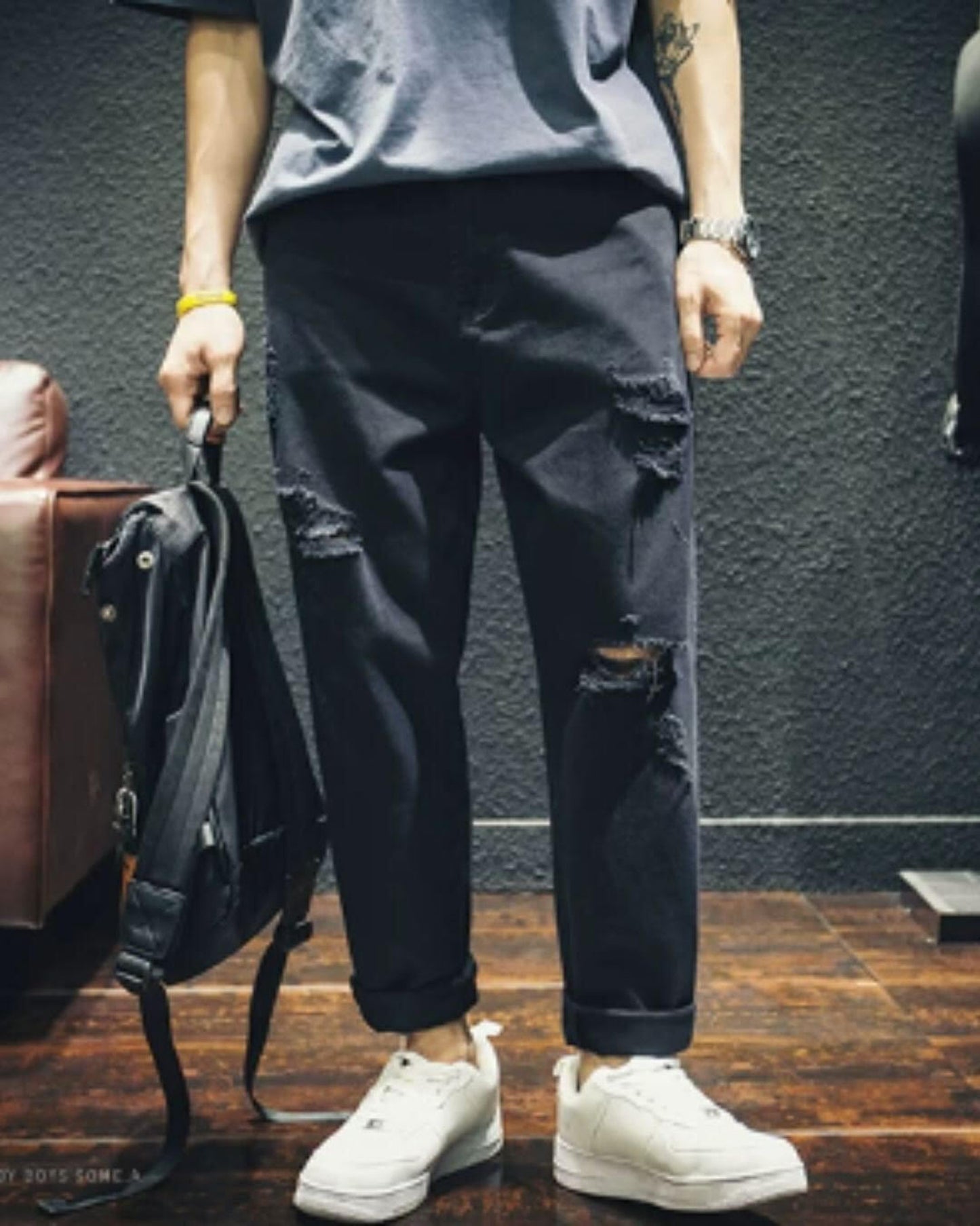 damage processed wide tapered denim pants 【ACT0020】