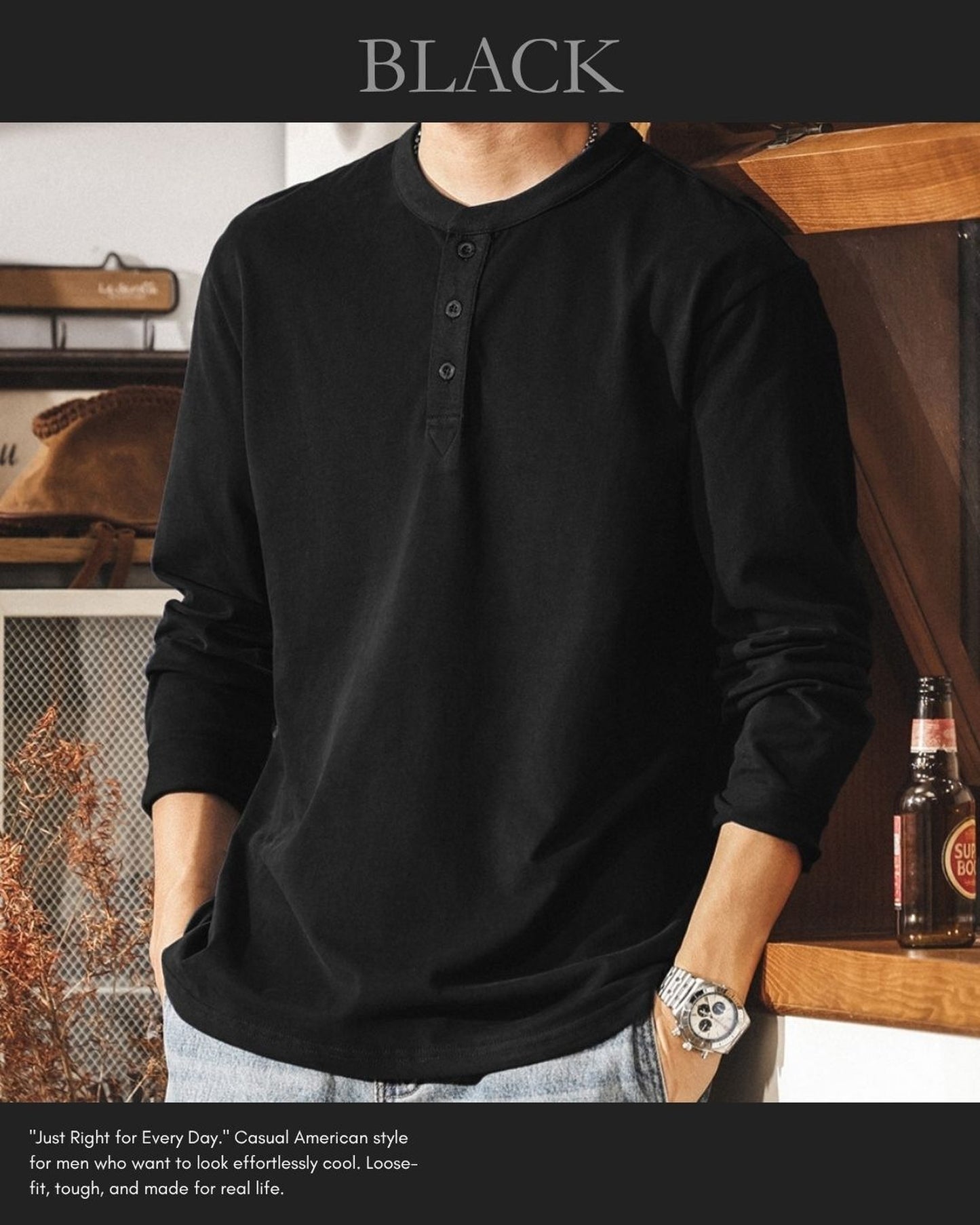 henley neck long sleeve t-shirt 5color 【ACT0244】