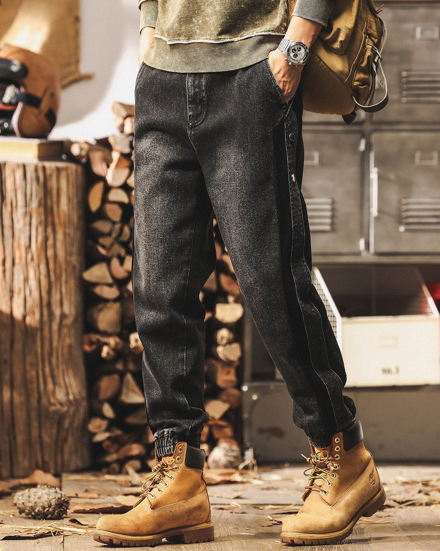 vintage stitched side corduroy jogger denim pants 2color 【ACT0207】