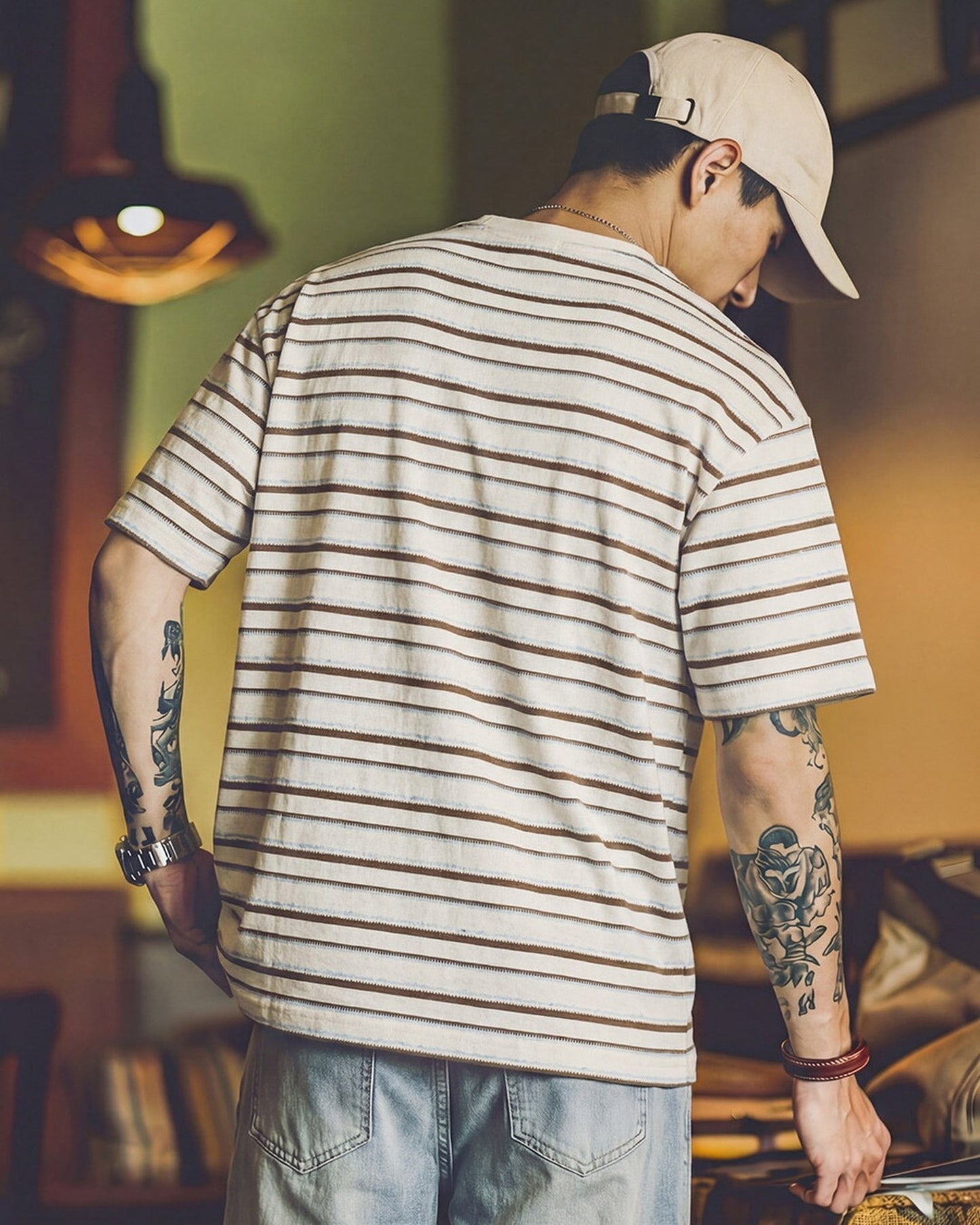 Stripe Henley-Neck Casual Loose Short-Sleeve T-Shirt 【ACT0071】