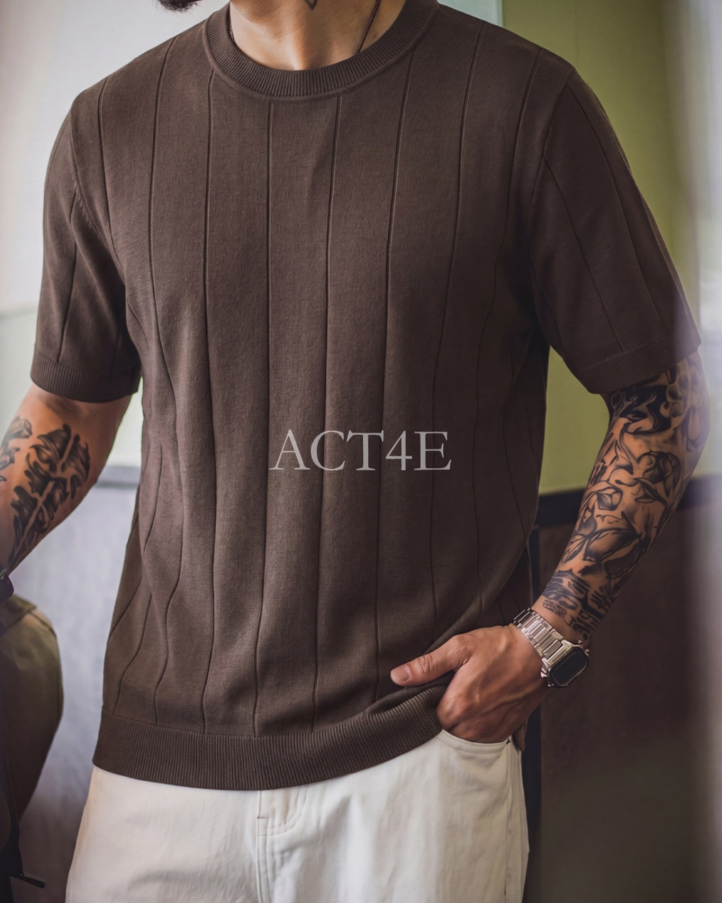 Smart-Casual Vertical-Stripe Knit Relaxed T-Shirt 4color 【ACT0101】