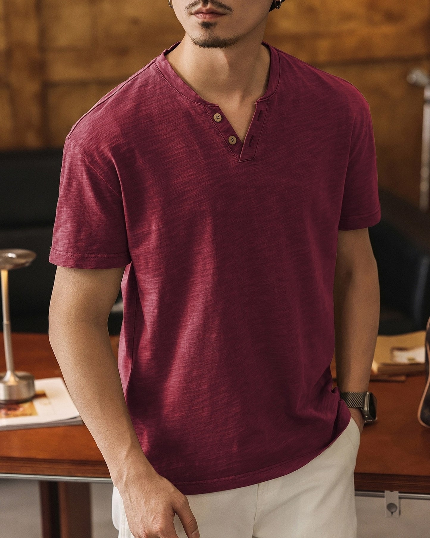 slub cotton henley neck loose short sleeve T-shirt 3color 【ACT0229】