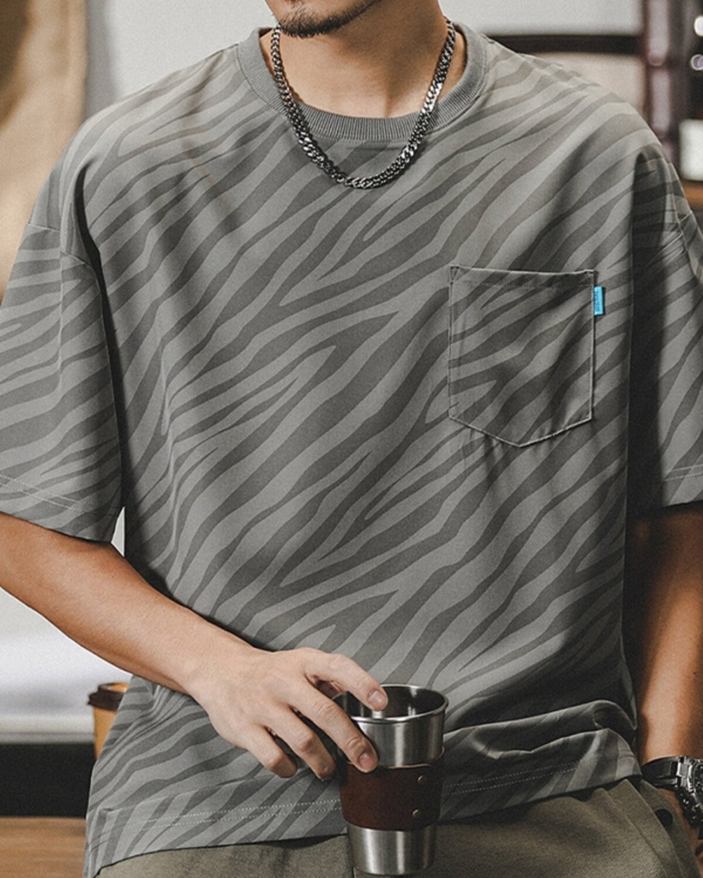 zebra striped pocket short sleeve t-shirt 3color 【ACT0165】