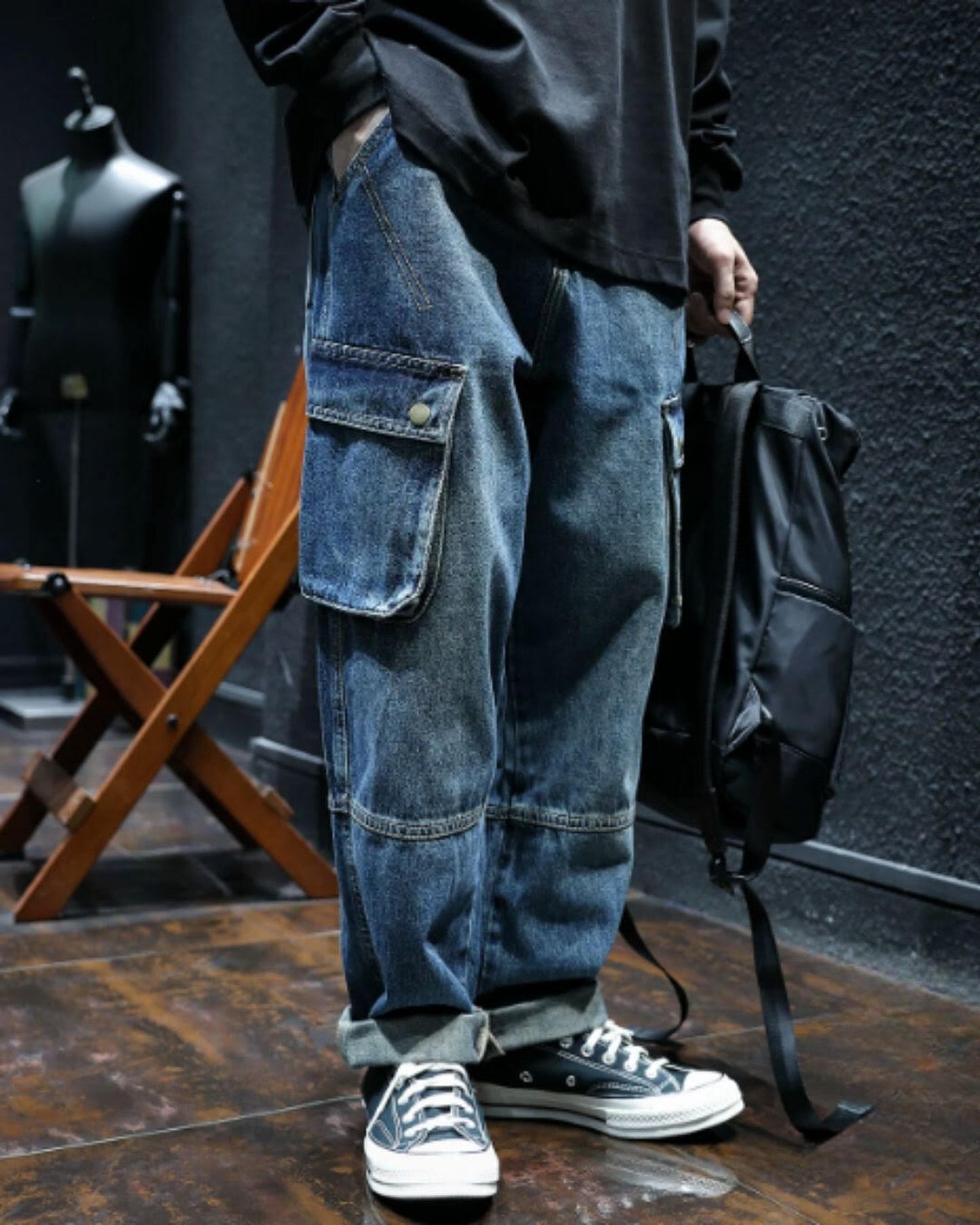 vintage processed loose fit cargo denim pants 【ACT0023】