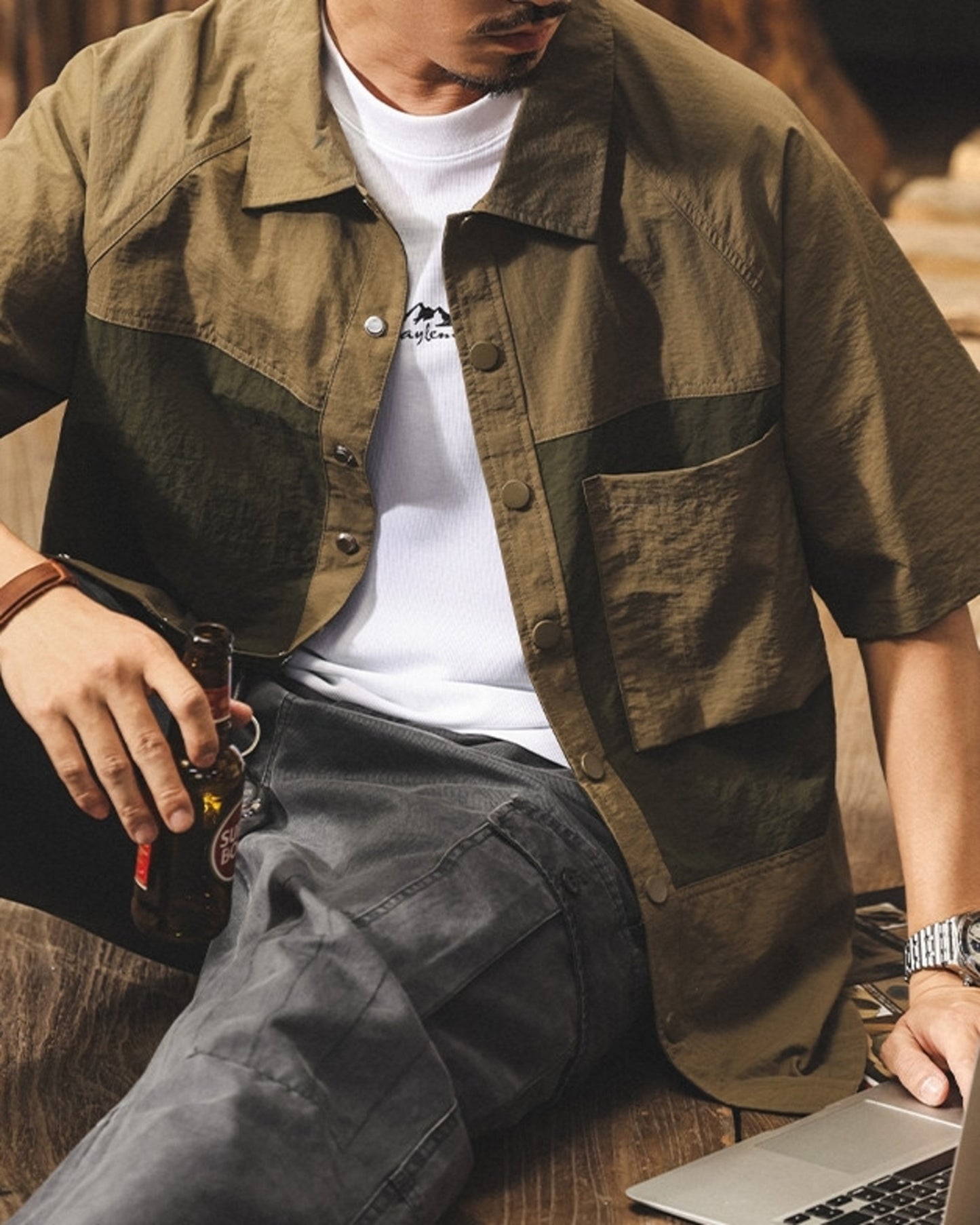 color block quick-dry utility cargo shirt 2color 【ACT0237】