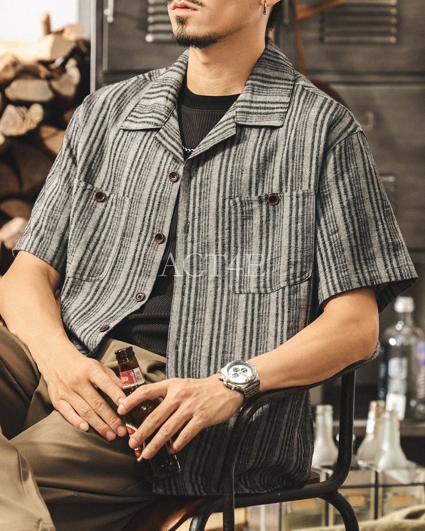 cuban collar linen loose short sleeve shirt 3color 【ACT0231】