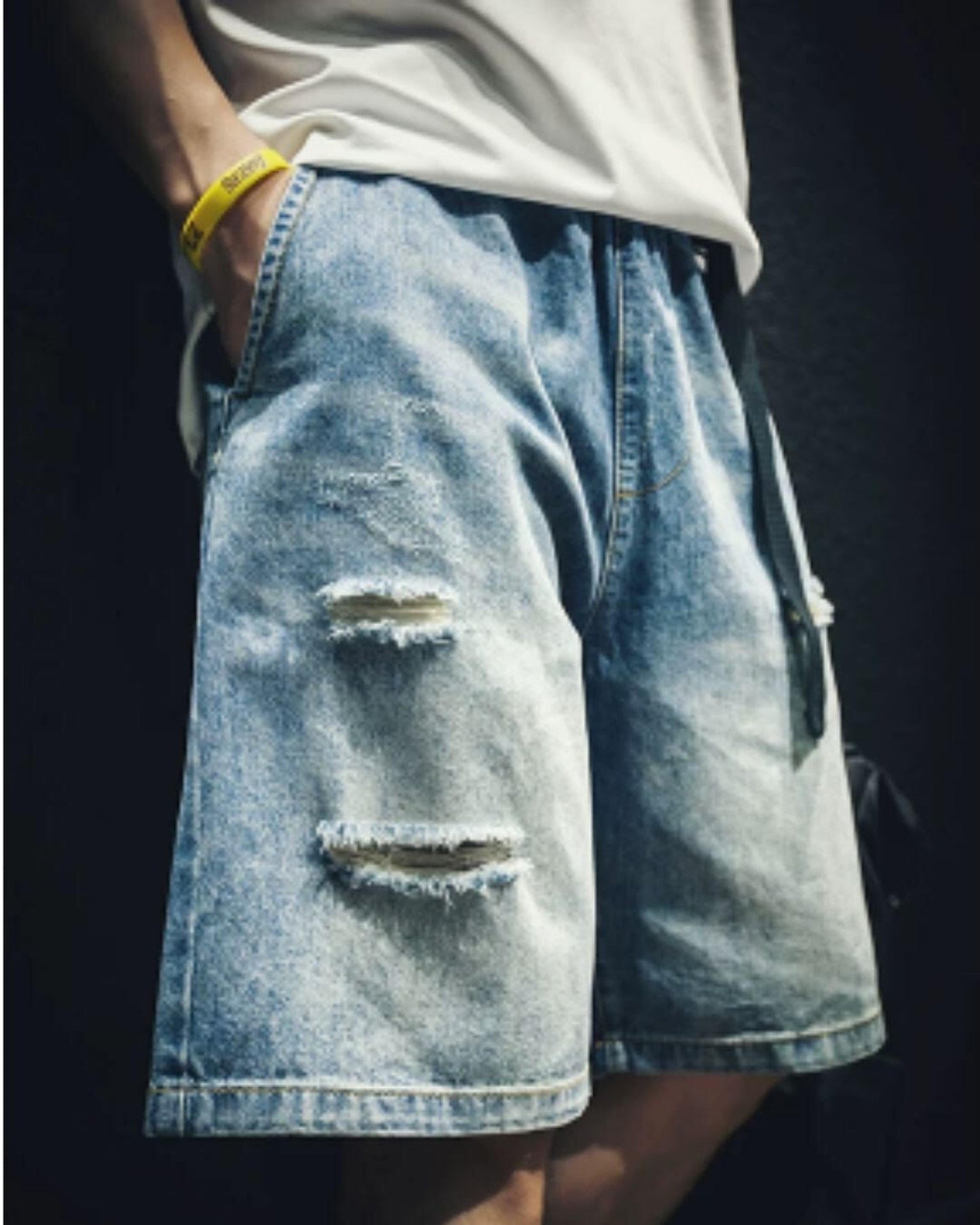 damage processed belted denim half pants 【ACT0005】