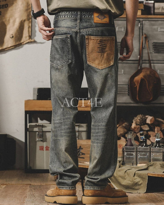 loose straight mud wash denim pants 【ACT0186】