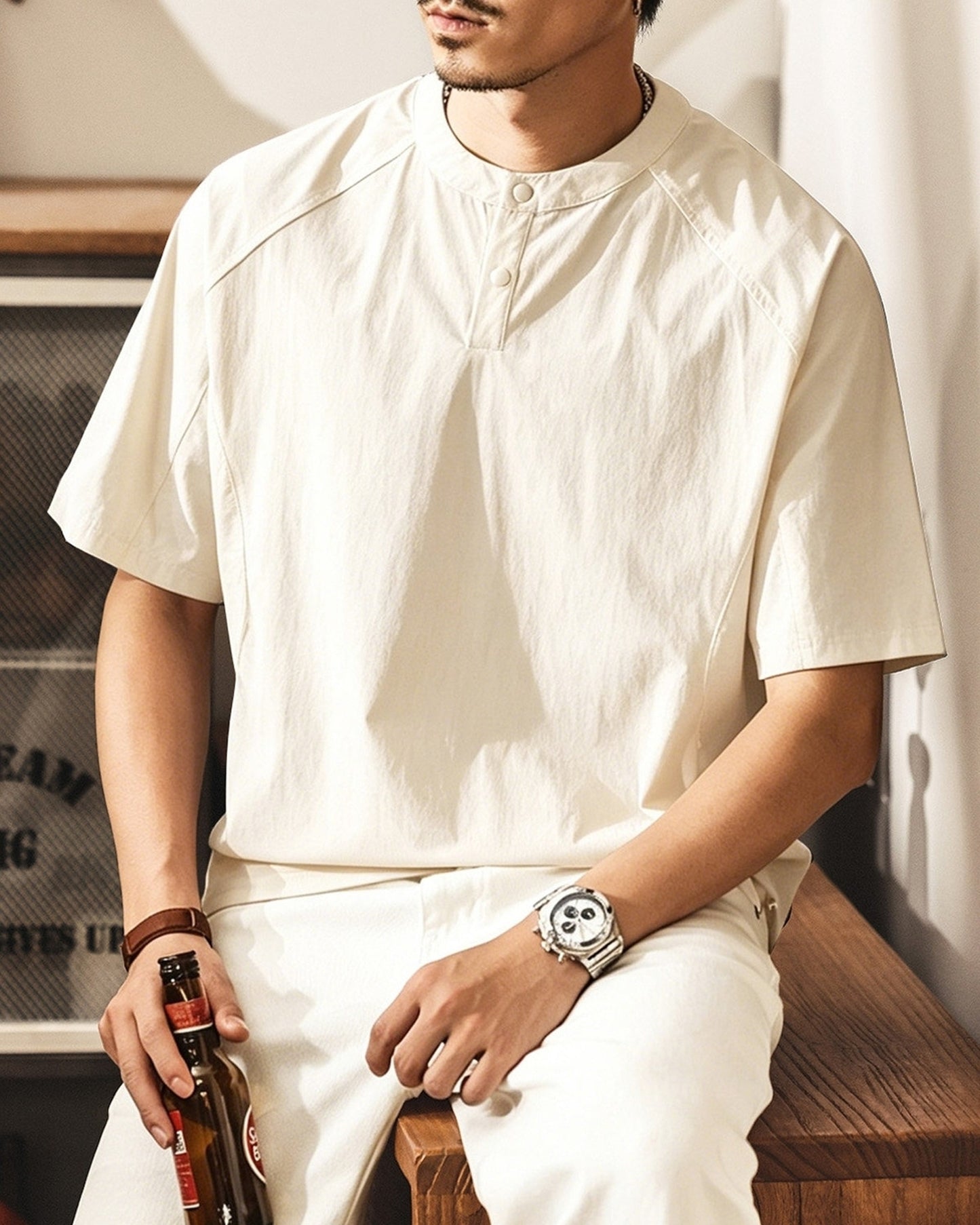 functional henley neck short sleeve t-shirt 2color 【ACT0162】