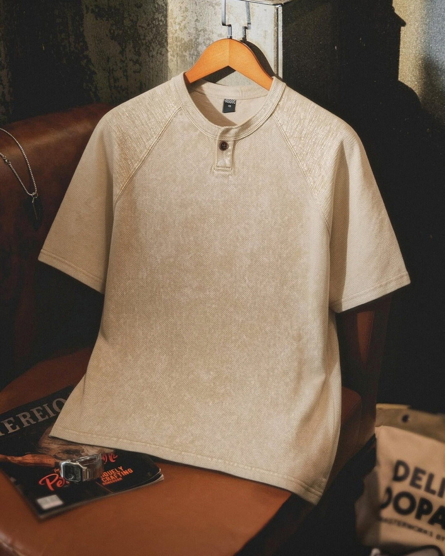 Henley-Neck Raglan-Sleeve Loose Casual T-Shirt 2color 【ACT0085】