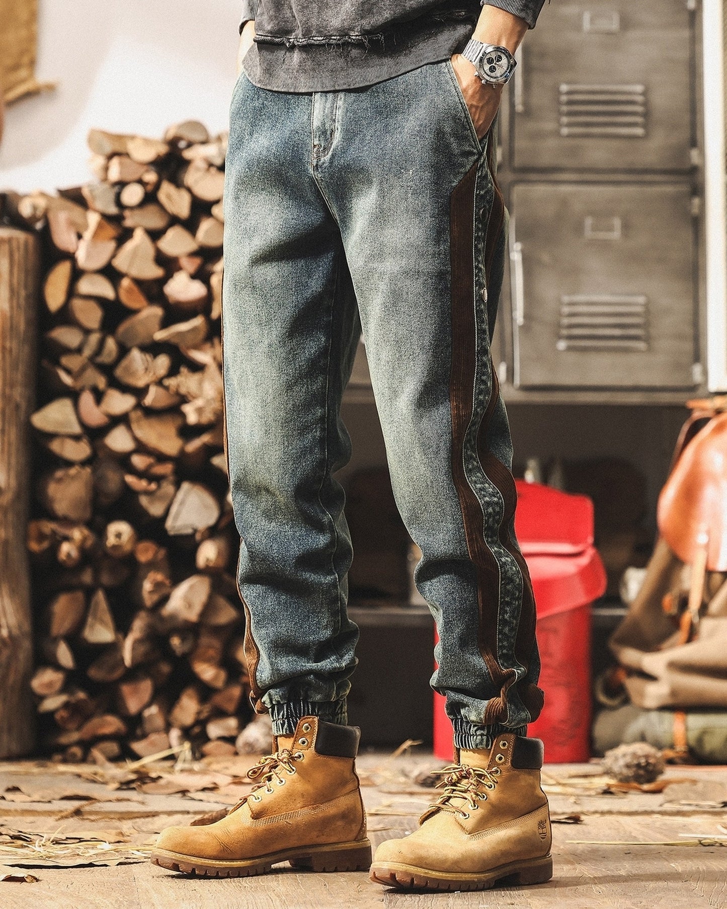 vintage stitched side corduroy jogger denim pants 2color 【ACT0207】