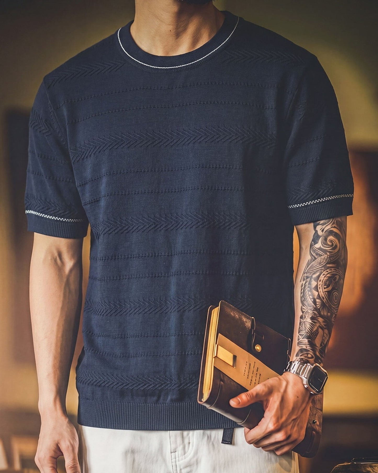 Pattern-Knit Contrast-Trim Loose Casual Knit-Shirt 3color 【ACT0086】