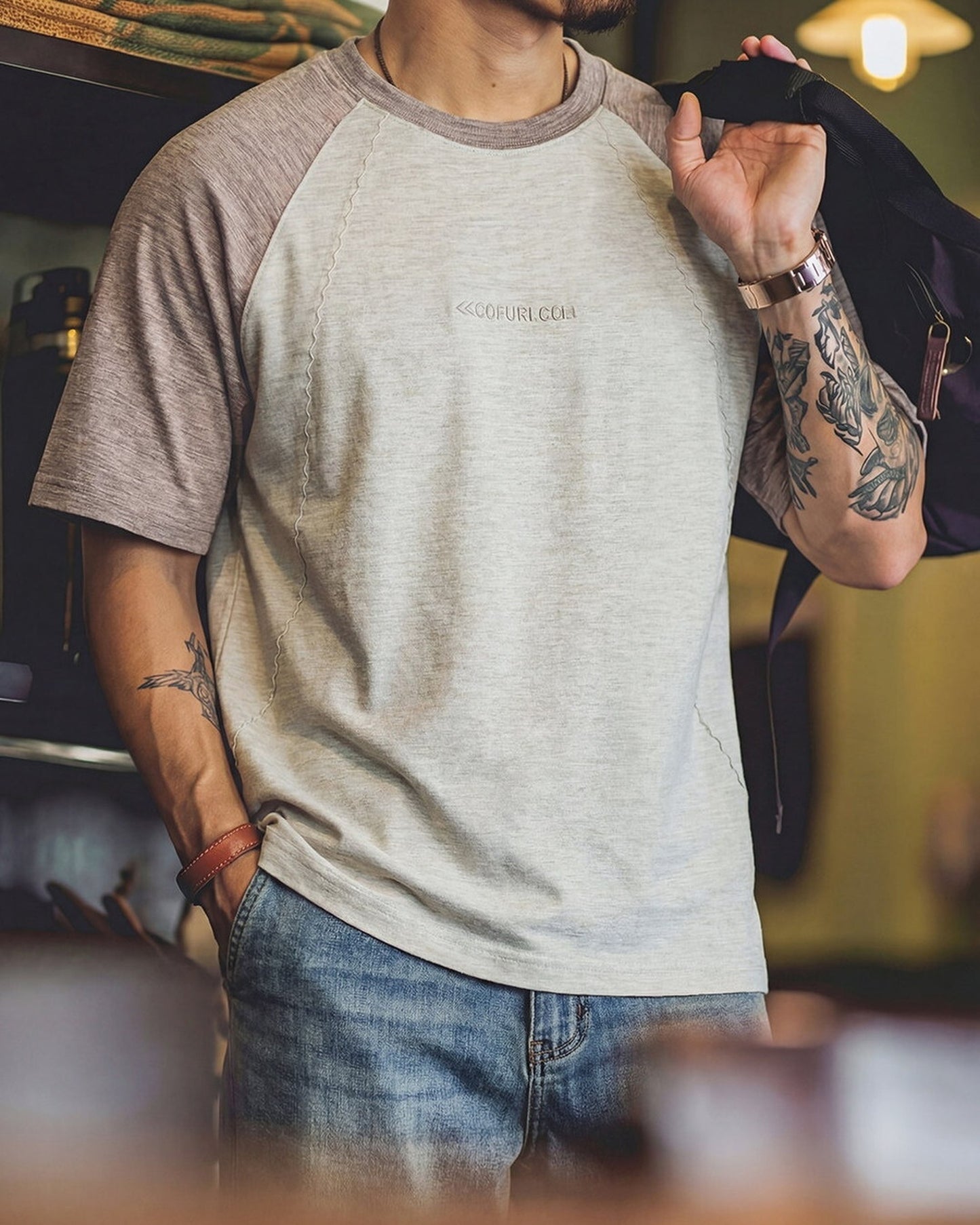 Contrast Stitch Relaxed Fit Raglan Sleeve T-Shirt 【ACT0116】