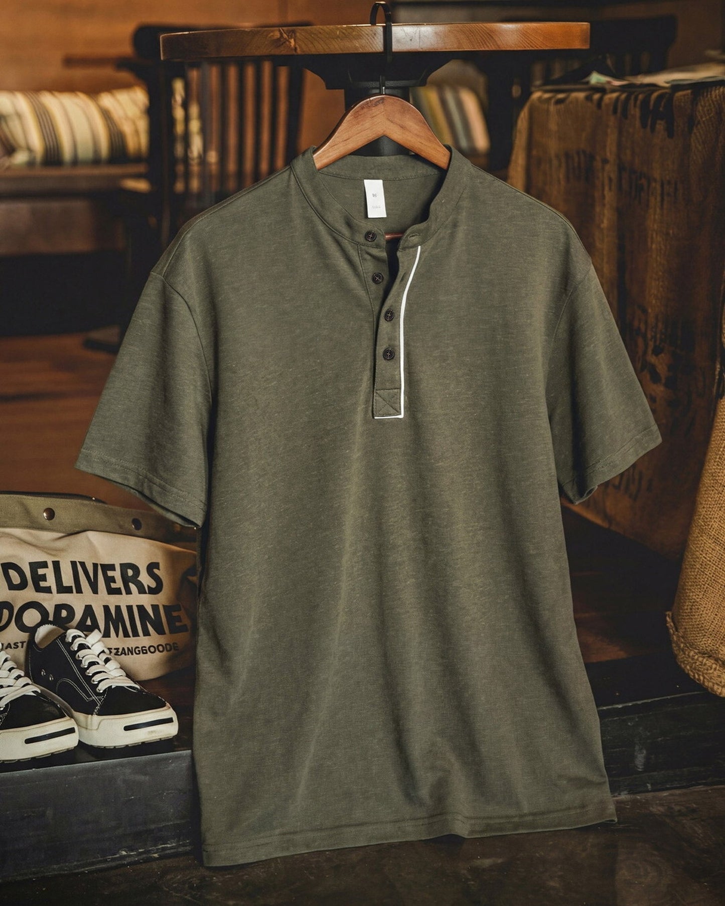Linen-Blend Piping Relaxed Henley Neck T-Shirt 【ACT0113】