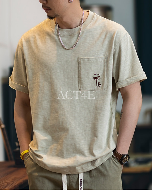 Palm-Tree-Embroidery Chest-Pocket Relaxed T-Shirt 2color 【ACT0087】