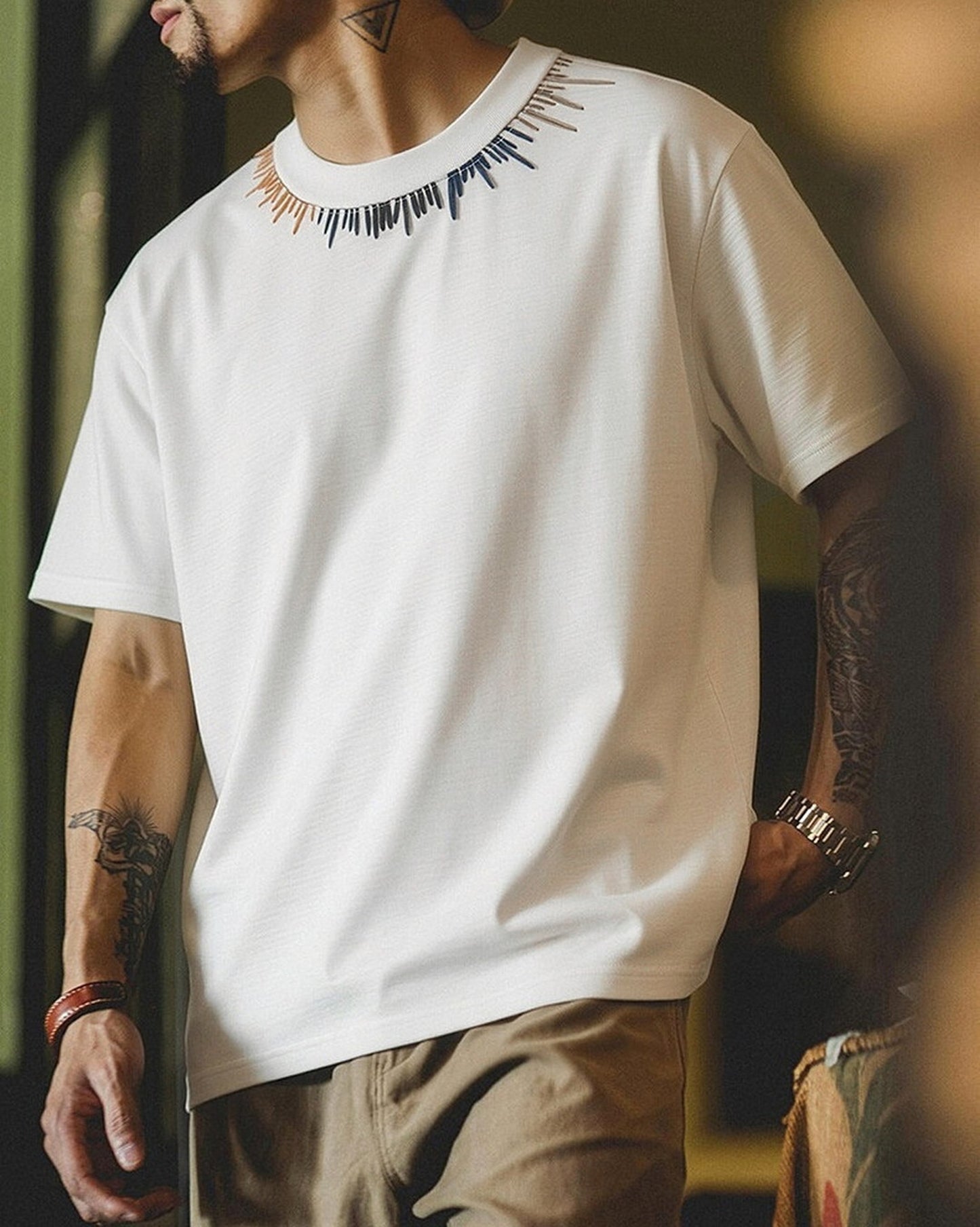 Neckline-Embroidery Casual Loose T-Shirt 2color 【ACT0084】