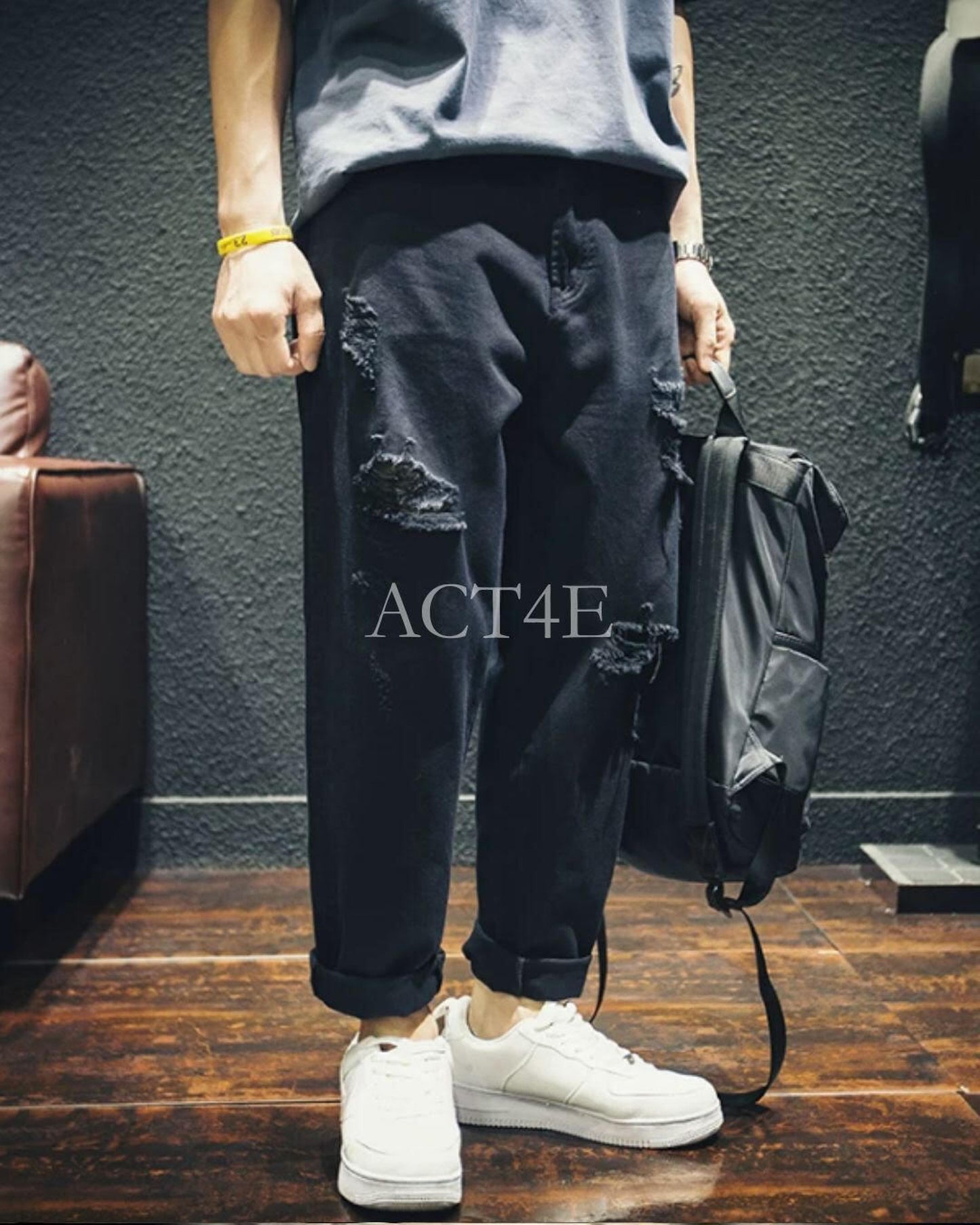 damage processed wide tapered denim pants 【ACT0020】
