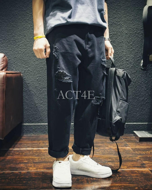 damage processed wide tapered denim pants 【ACT0020】