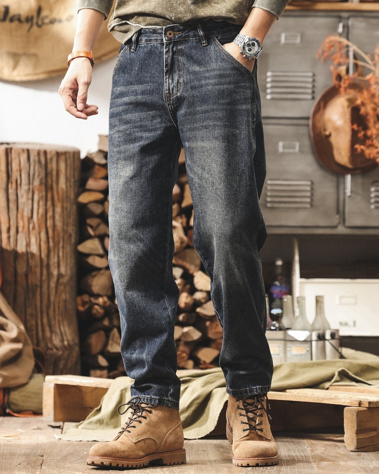 vintage washed loose tapered denim pants 【ACT0208】