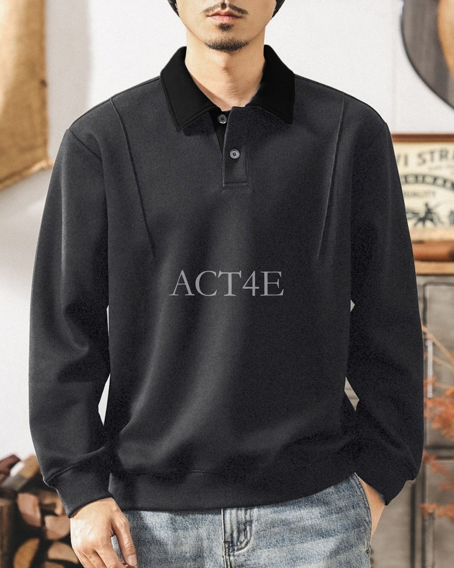 heavy weight long sleeve POLO shirt 2color 【ACT0239】