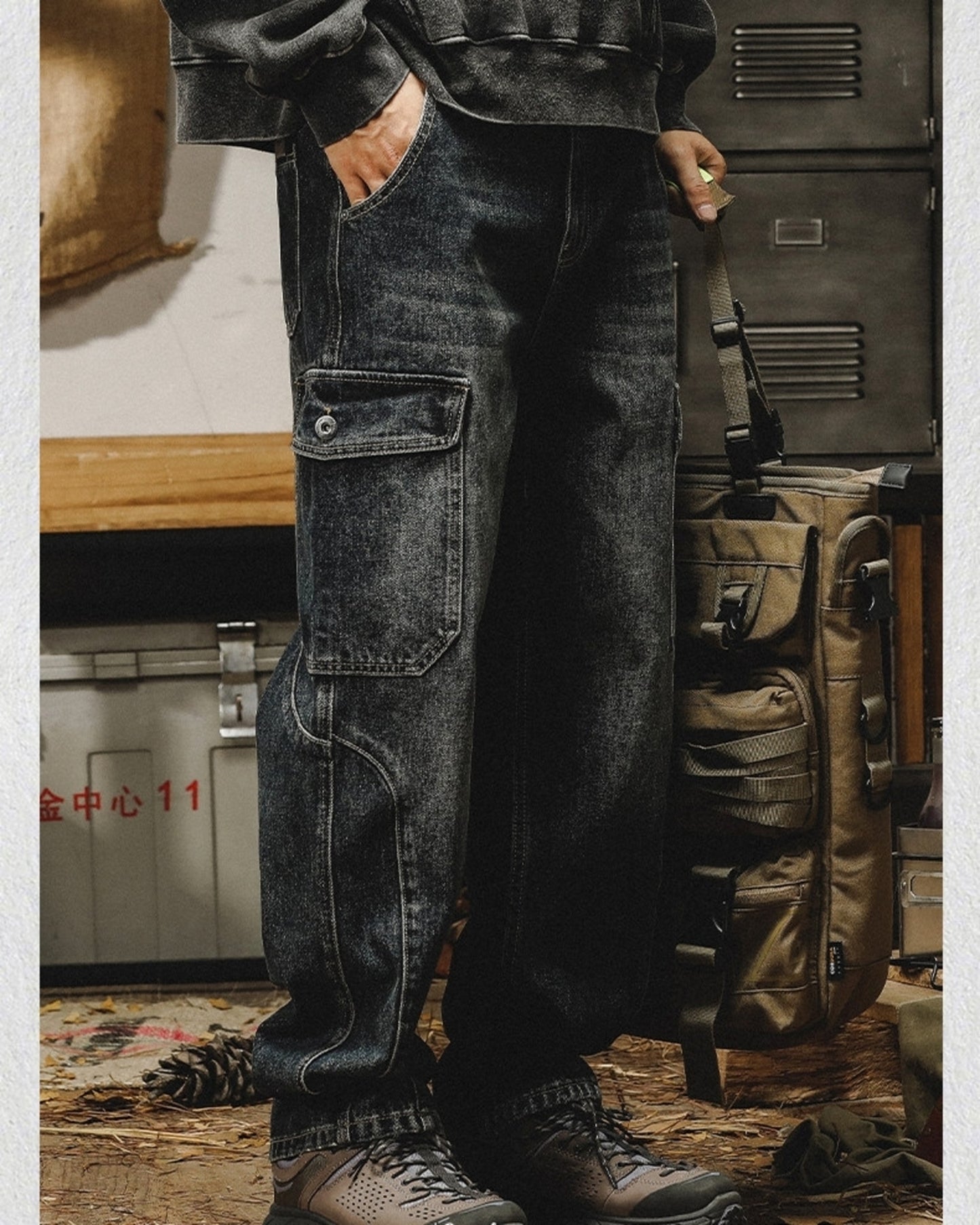heavy weight vintage cargo denim pants 【ACT0196】