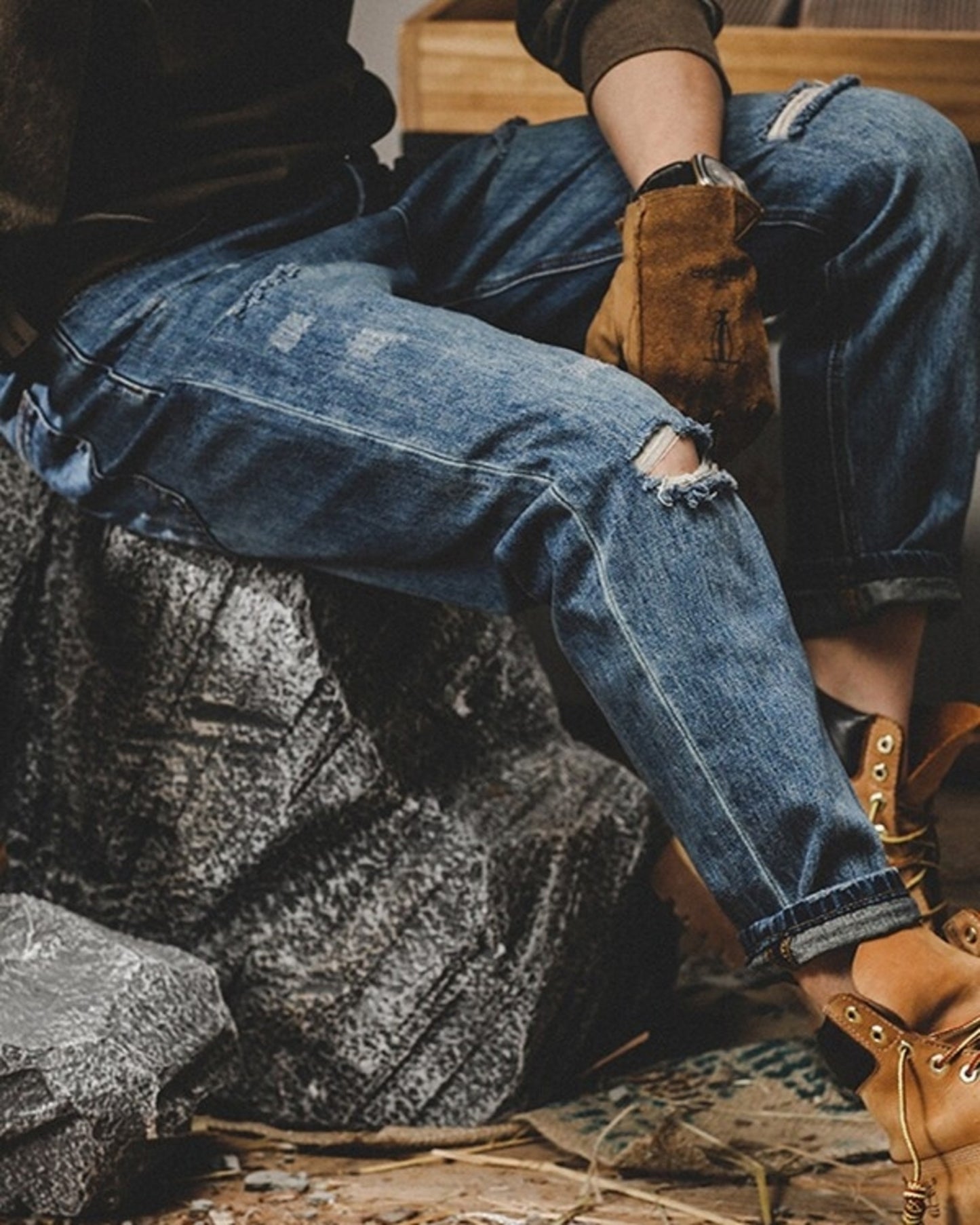 distressed tapered denim pants 2color 【ACT0189】