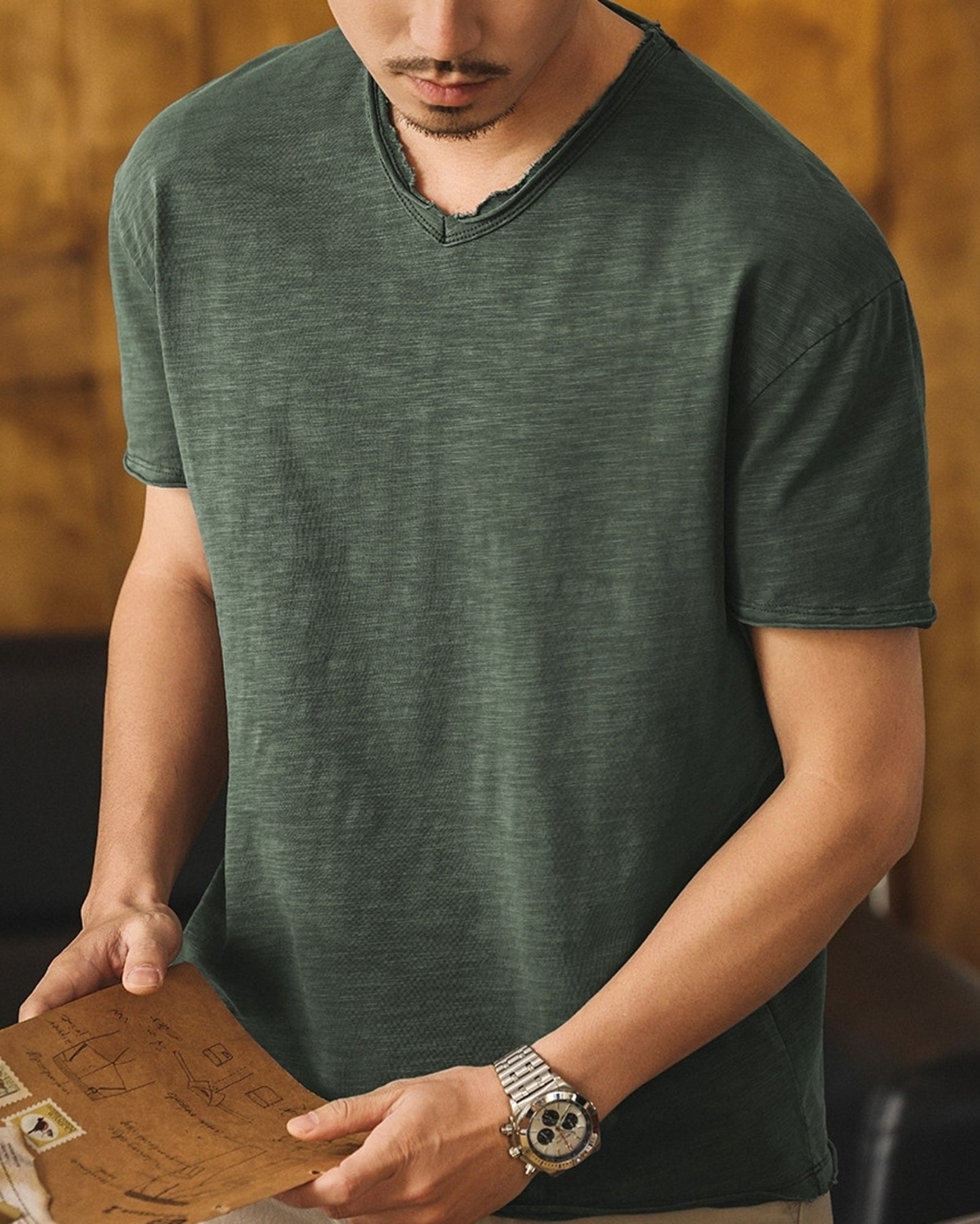 american retro slub cotton v-neck short sleeve t-shirt 7color 【ACT0160】
