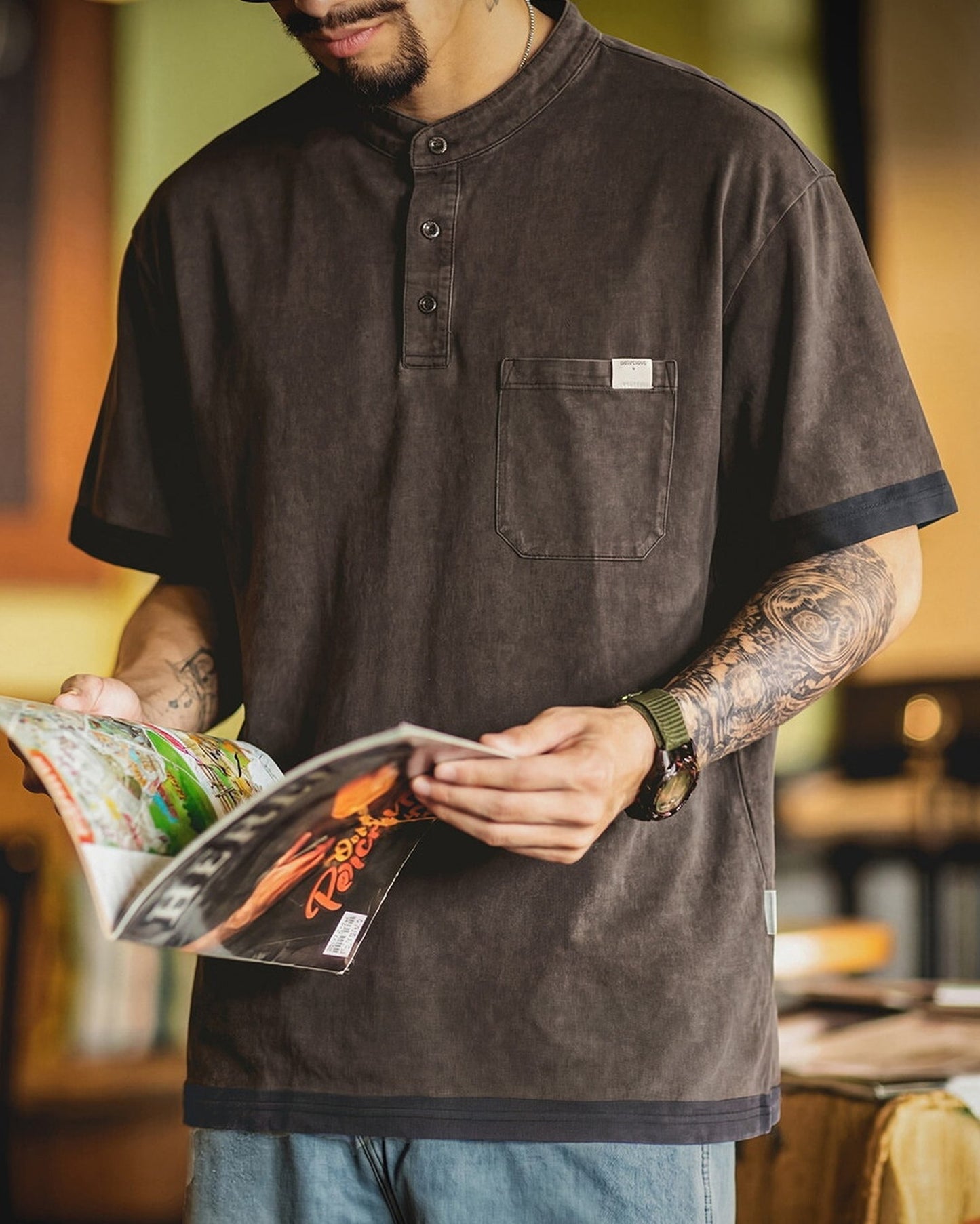 Henley-Neck Pocket-Detail Loose Casual Short-Sleeve T-Shirt 【ACT0128】