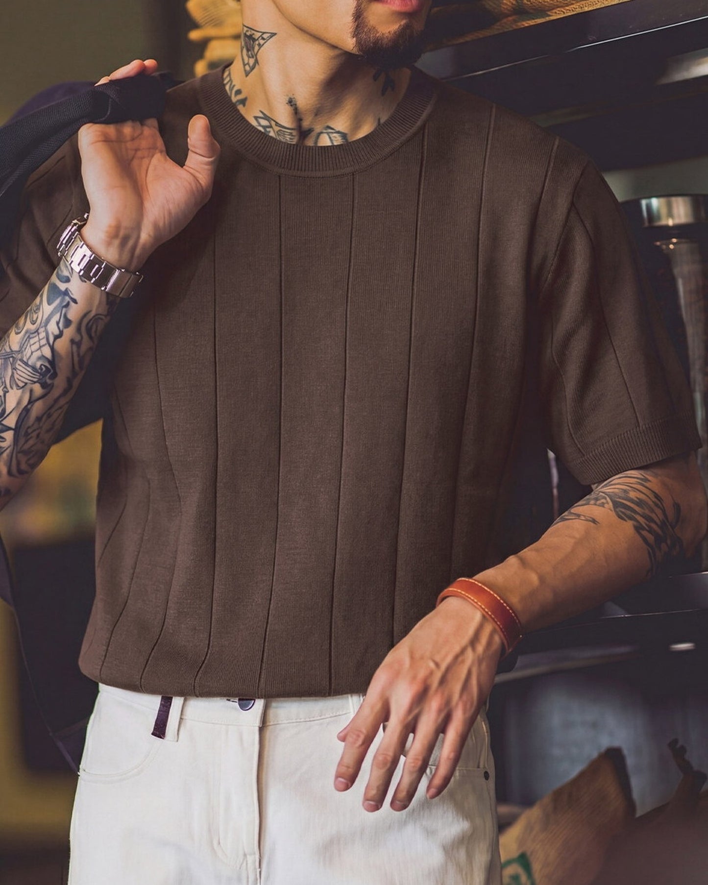 Smart-Casual Vertical-Stripe Knit Relaxed T-Shirt 4color 【ACT0101】