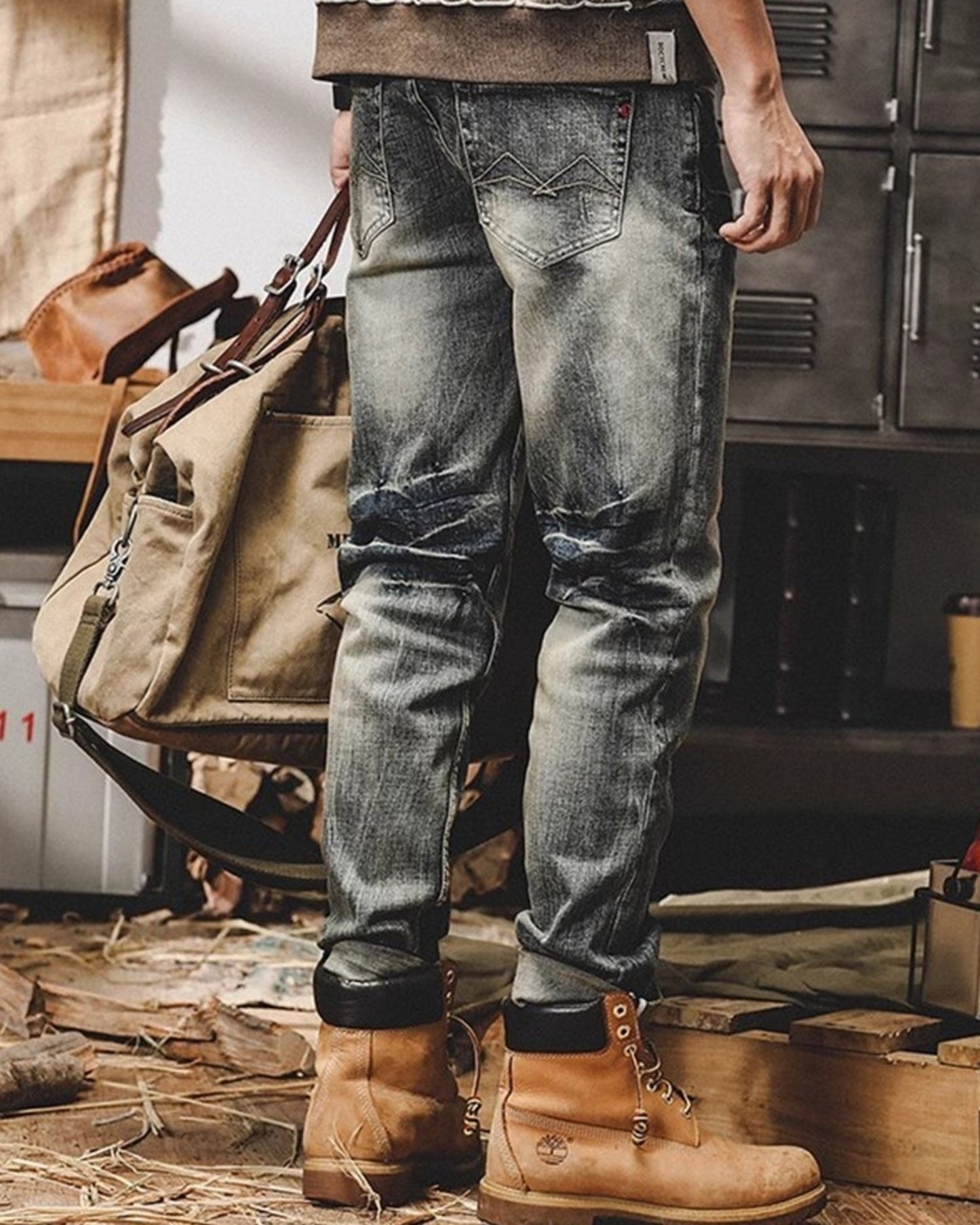 heavy slim straight distressed denim pants 【ACT0183】