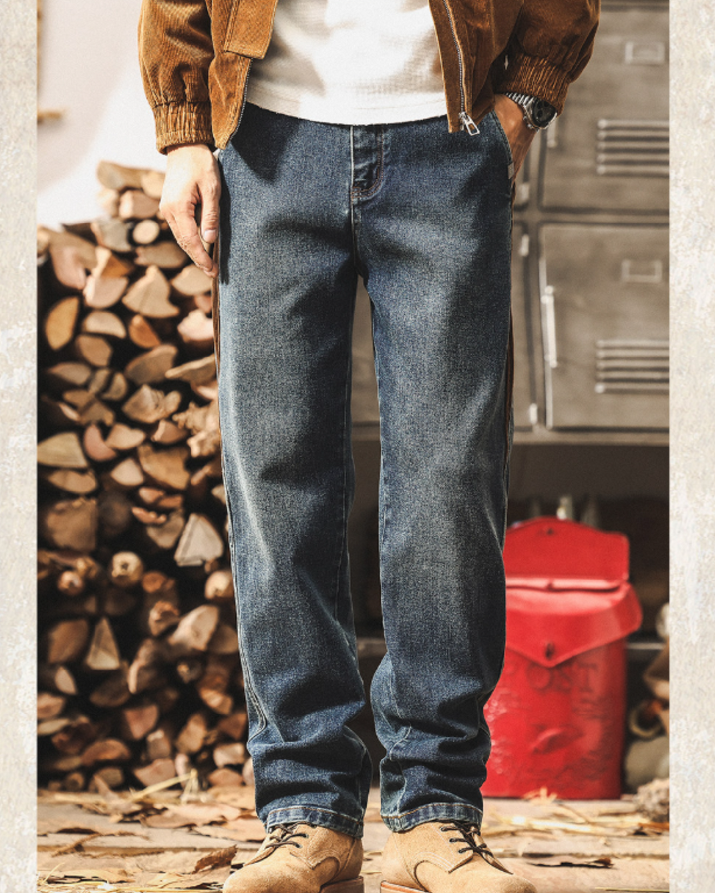 vintage stitched side corduroy straight denim pants 2color 【ACT0209】