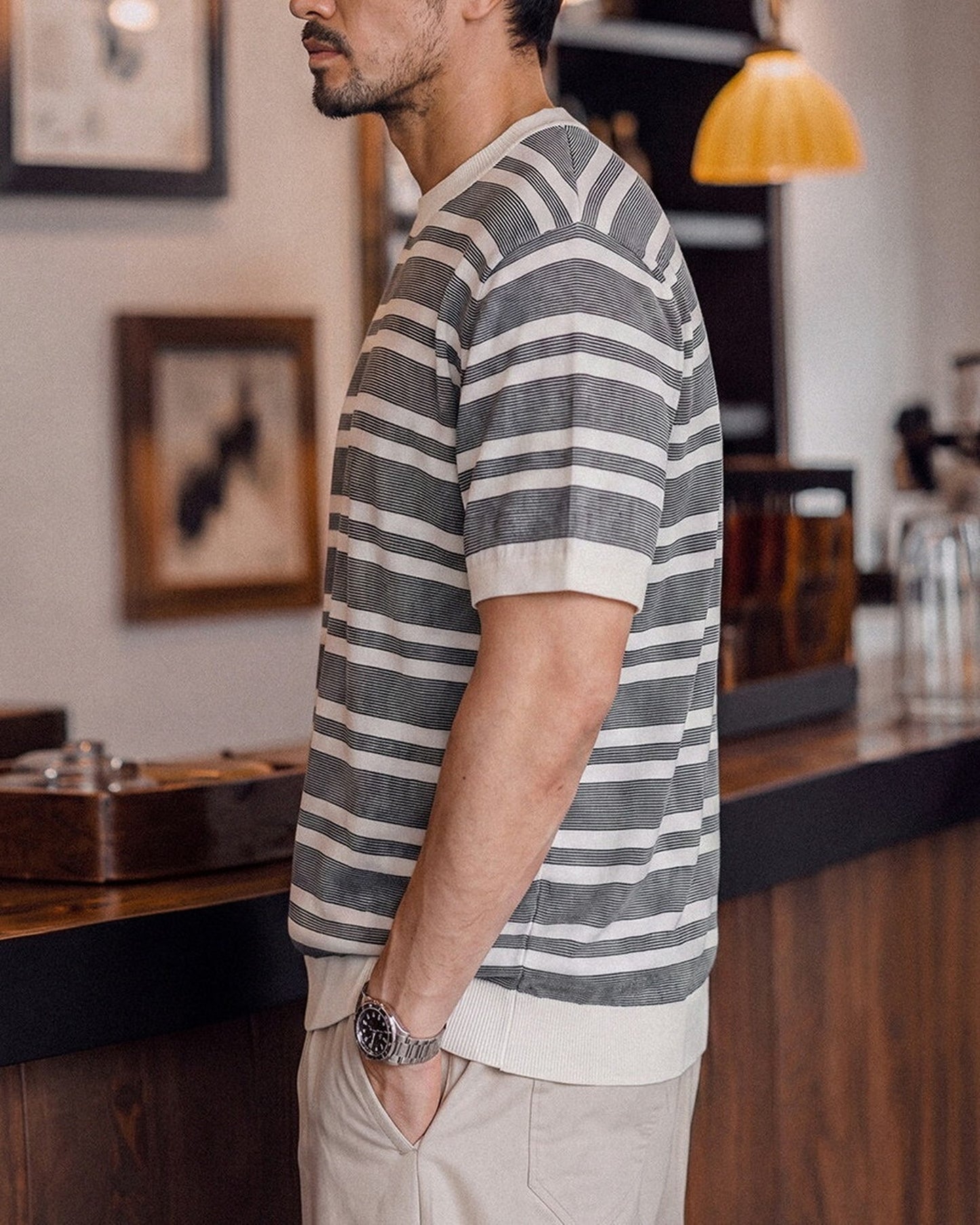 Short Sleeve Relaxed Fit Striped Crew Neck Knit T-Shirt 2color 【ACT0123】