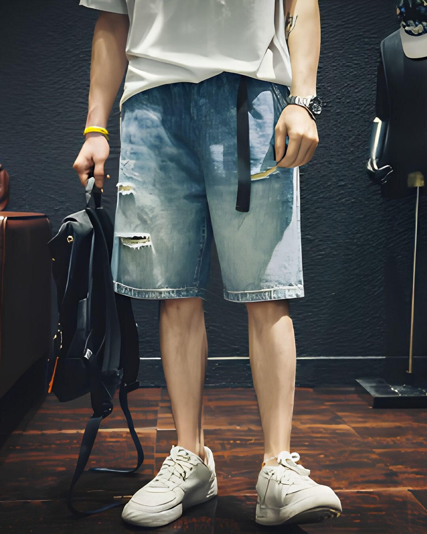 damage processed belted denim half pants 【ACT0005】