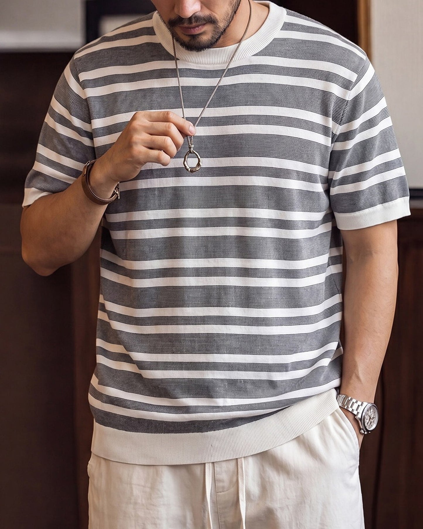 Short Sleeve Relaxed Fit Striped Crew Neck Knit T-Shirt 2color 【ACT0123】