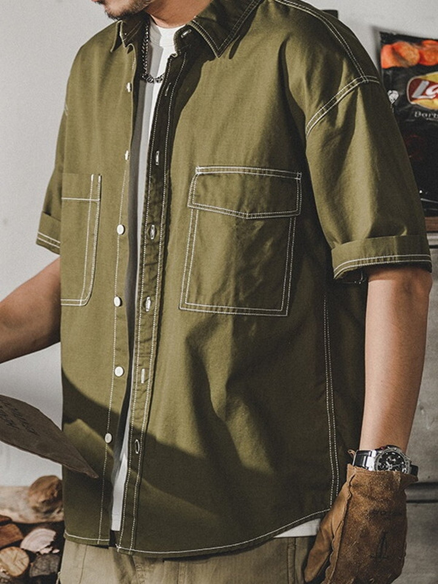 loose-fit stitched pocket short-sleeve cotton shirt 【ACT0252】
