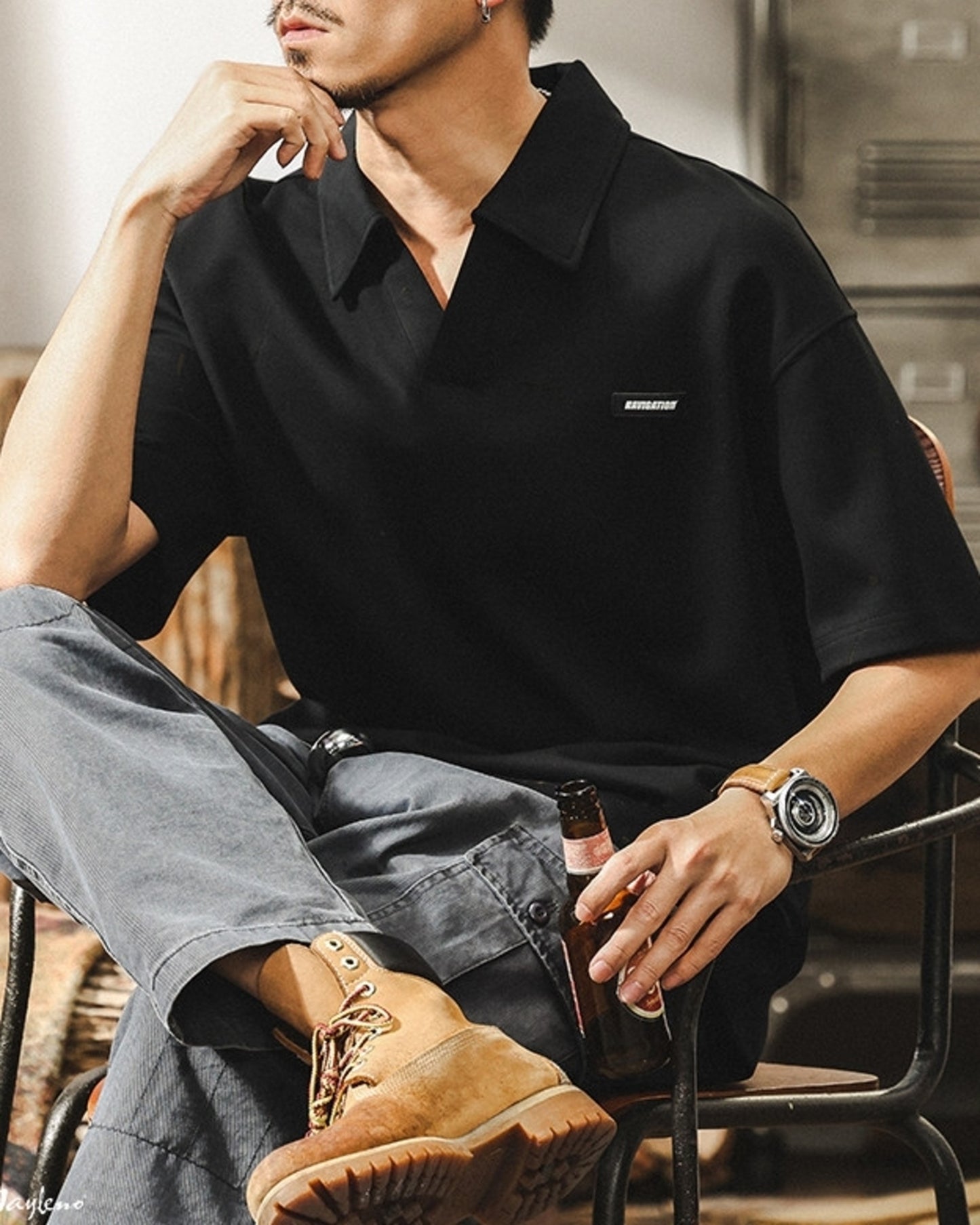 vintage casual loose short sleeve polo shirt 2color 【ACT0228】