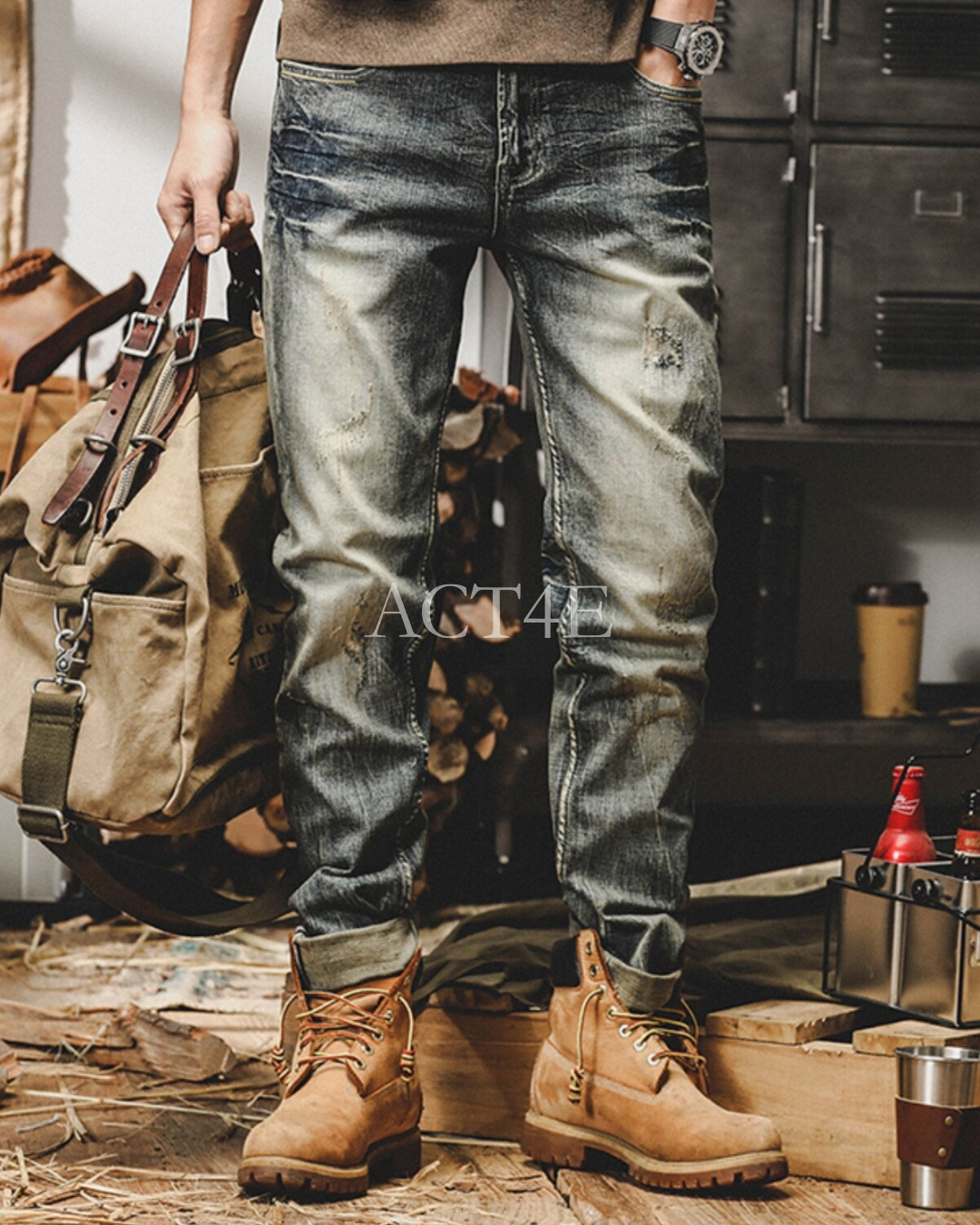 heavy slim straight distressed denim pants 【ACT0183】