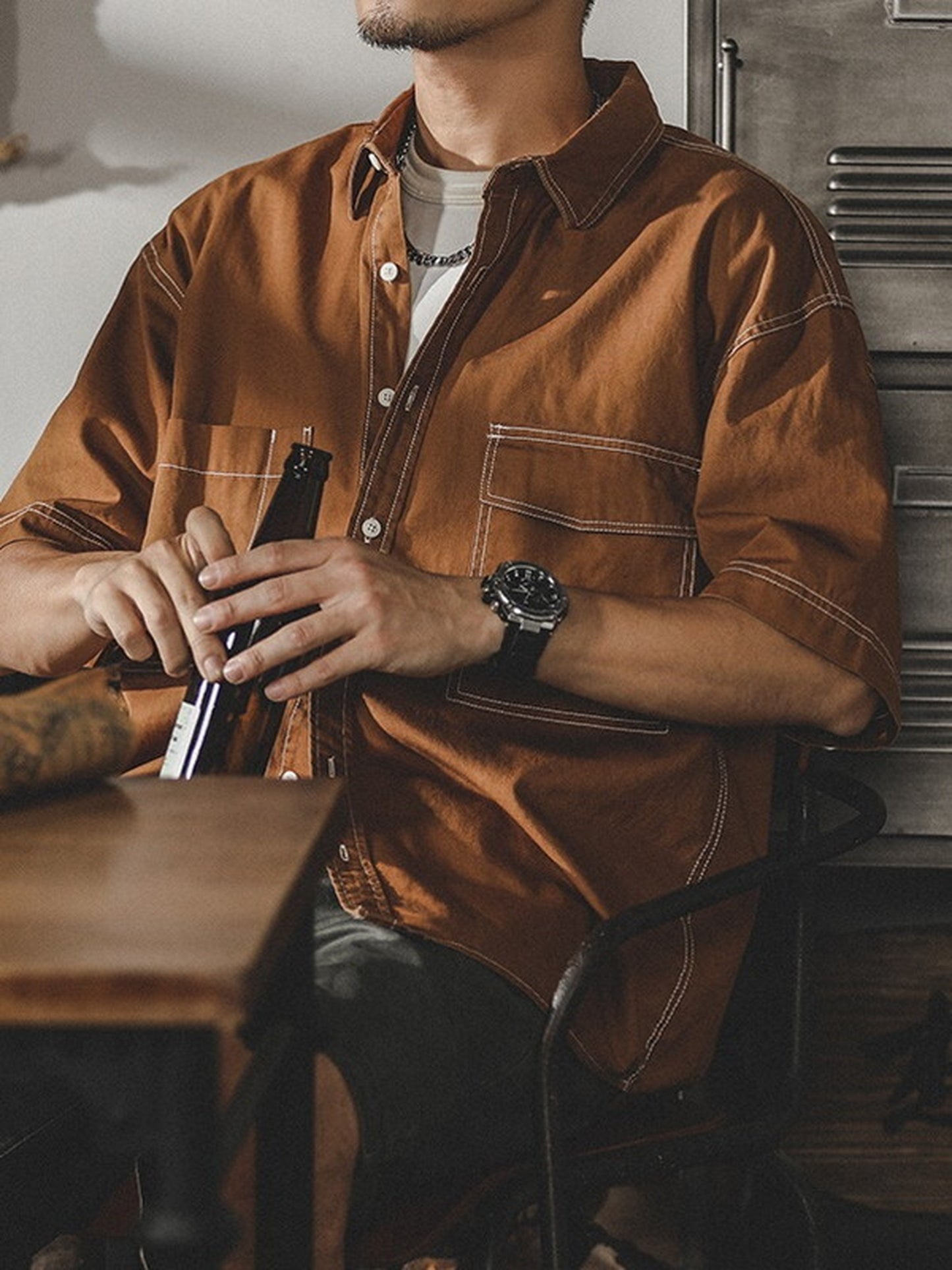 loose-fit stitched pocket short-sleeve cotton shirt 【ACT0252】