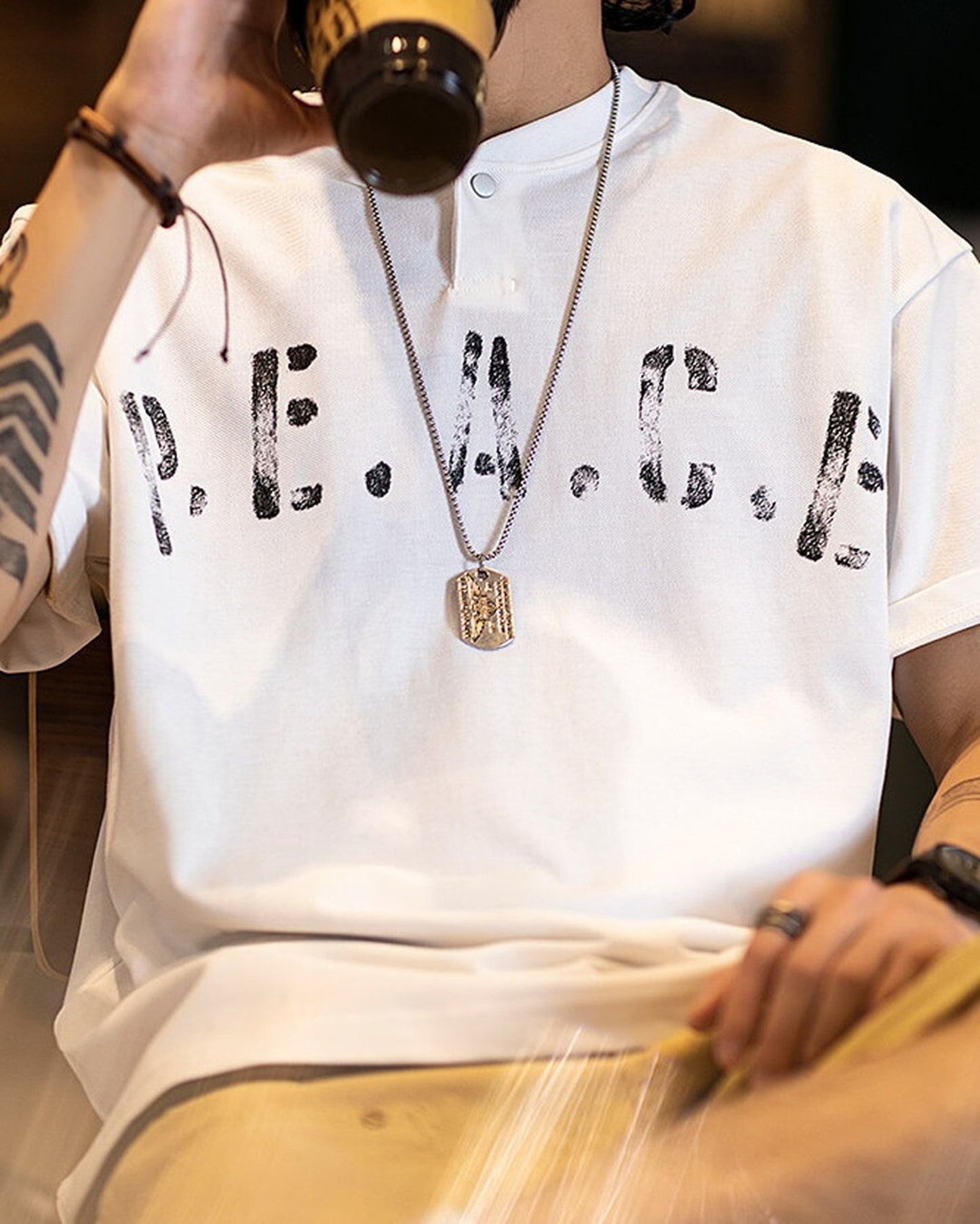 Letter-Print Loose Casual Henley-Neck T-Shirt 2color 【ACT0080】