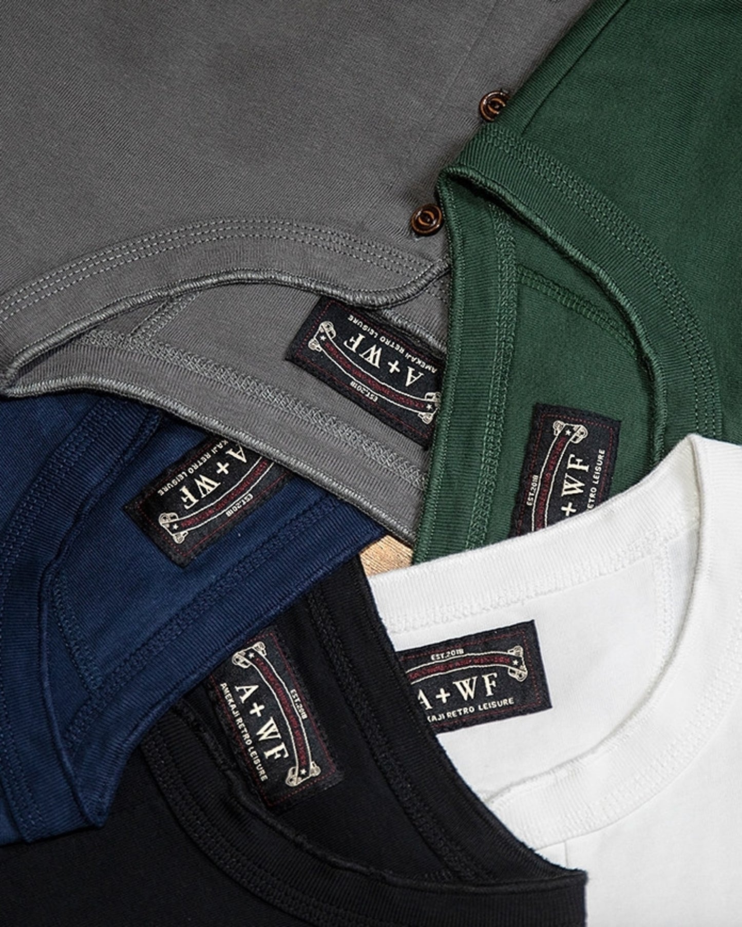 vintage henley neck solid short sleeve t-shirt 5color 【ACT0158】