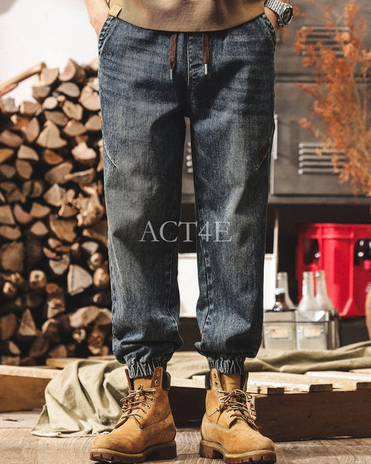 【M-4XL】vintage washed drawstring jogger denim pants 【ACT0253】