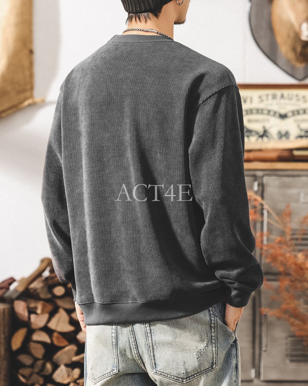 【M-4XL】loose fit corduroy ribbed sweatshirt 【ACT0270】