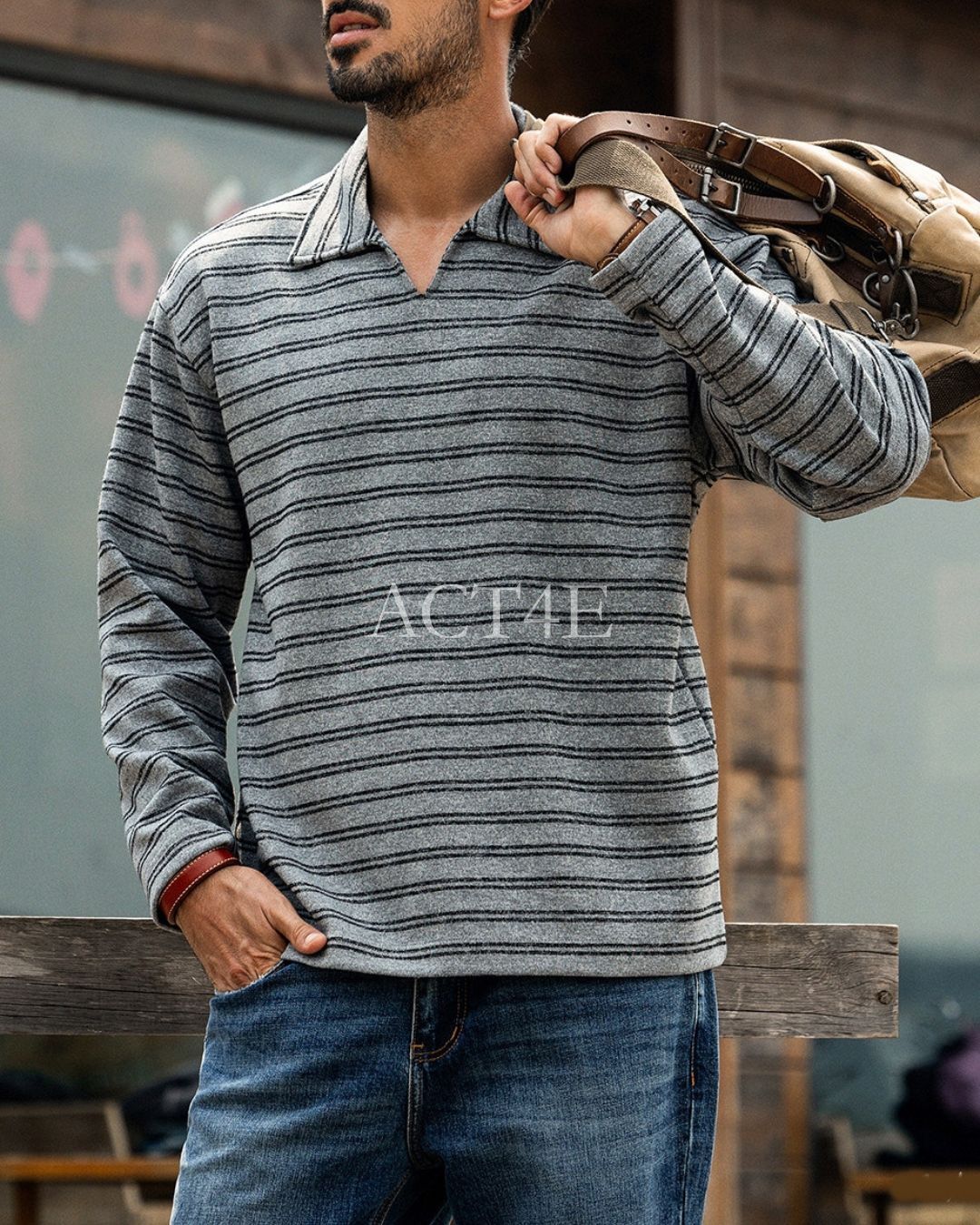 【M-4XL】striped open collar casual sweatshirt 【ACT0257】