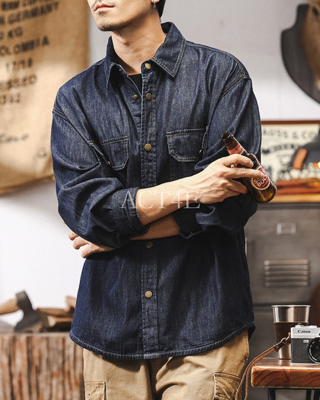 【M-4XL】vintage raw denim work shirt 【ACT0302】