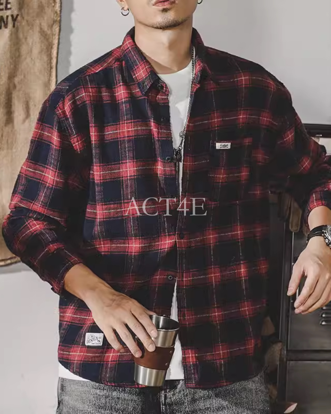 【M-3XL】vintage plaid long sleeve shirt 【ACT0295】